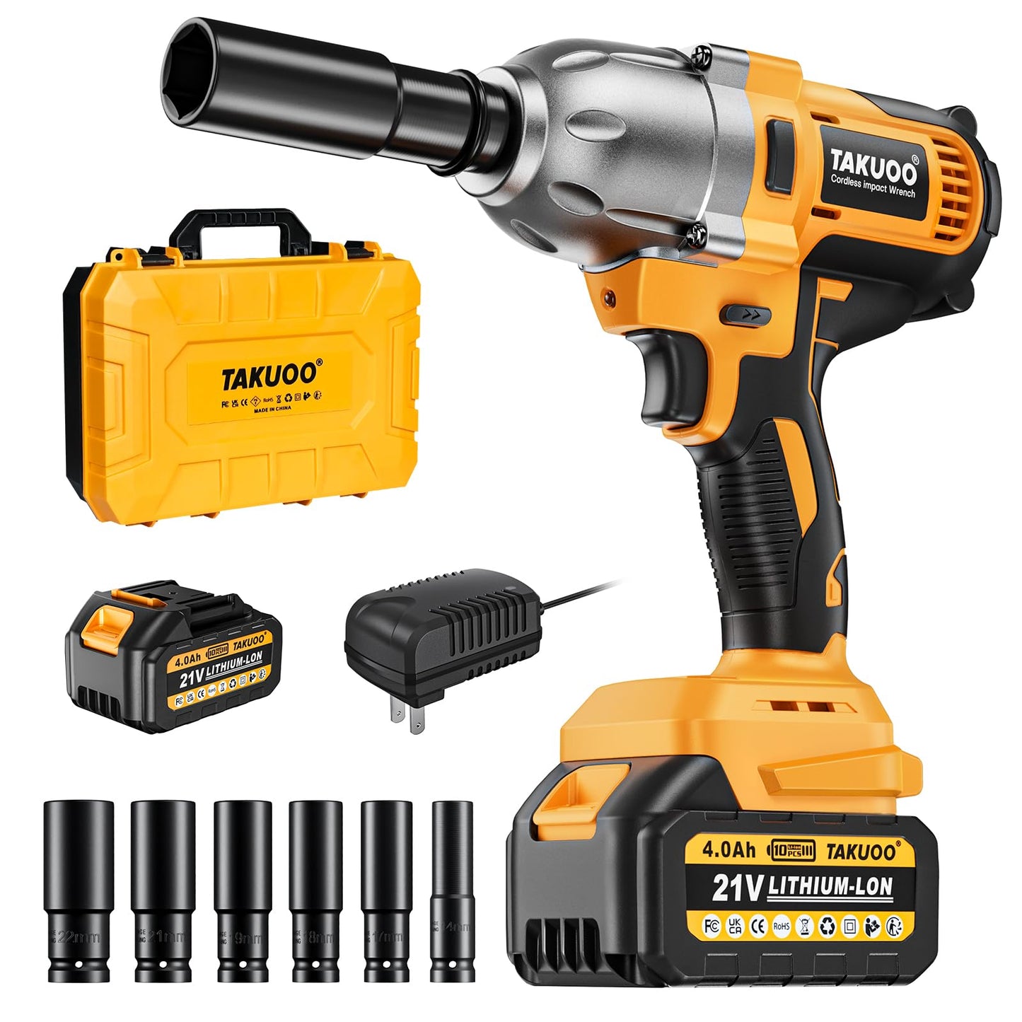 Takuoo Cordless Impact Wrench With Battery, Charger & 6 Sockets