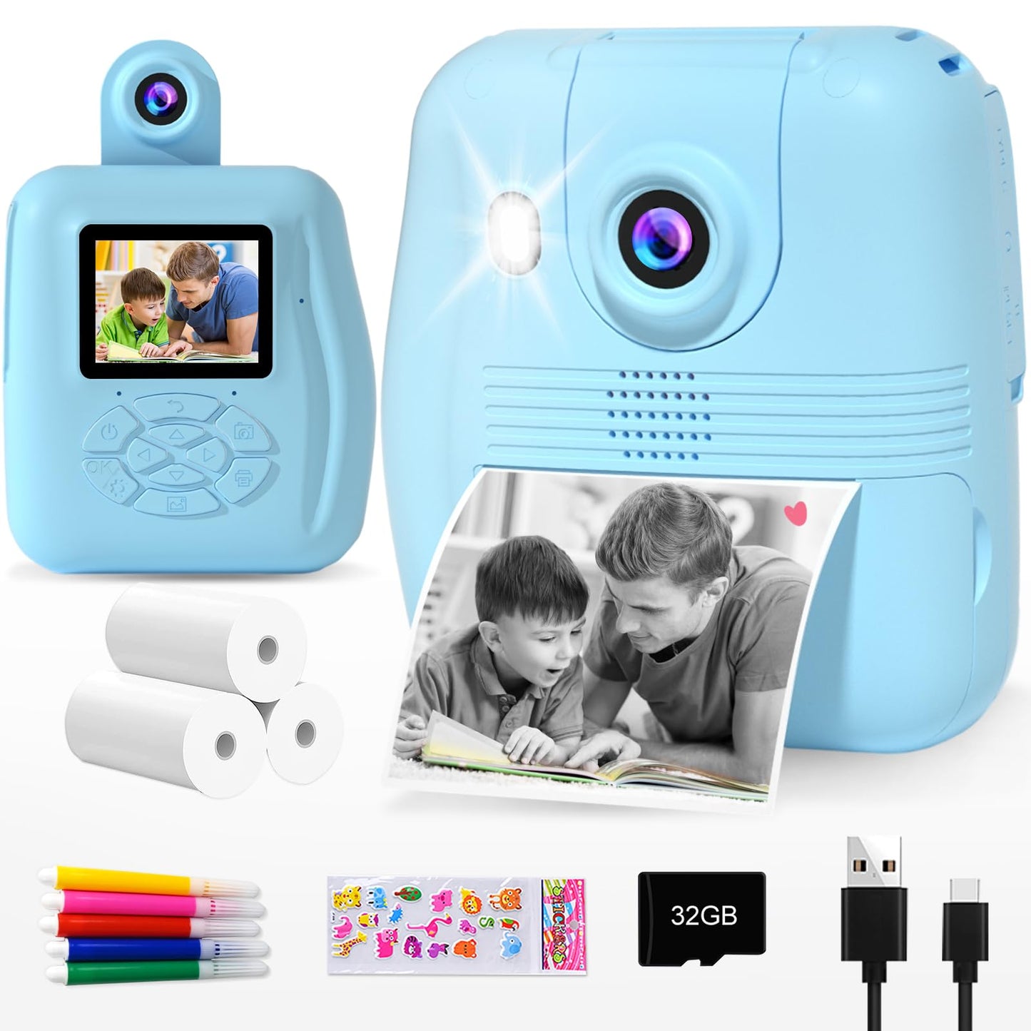 GKTZ Kids Camera Instant Print - 1080P HD with 3 Rolls Photo Paper, 32GB Card