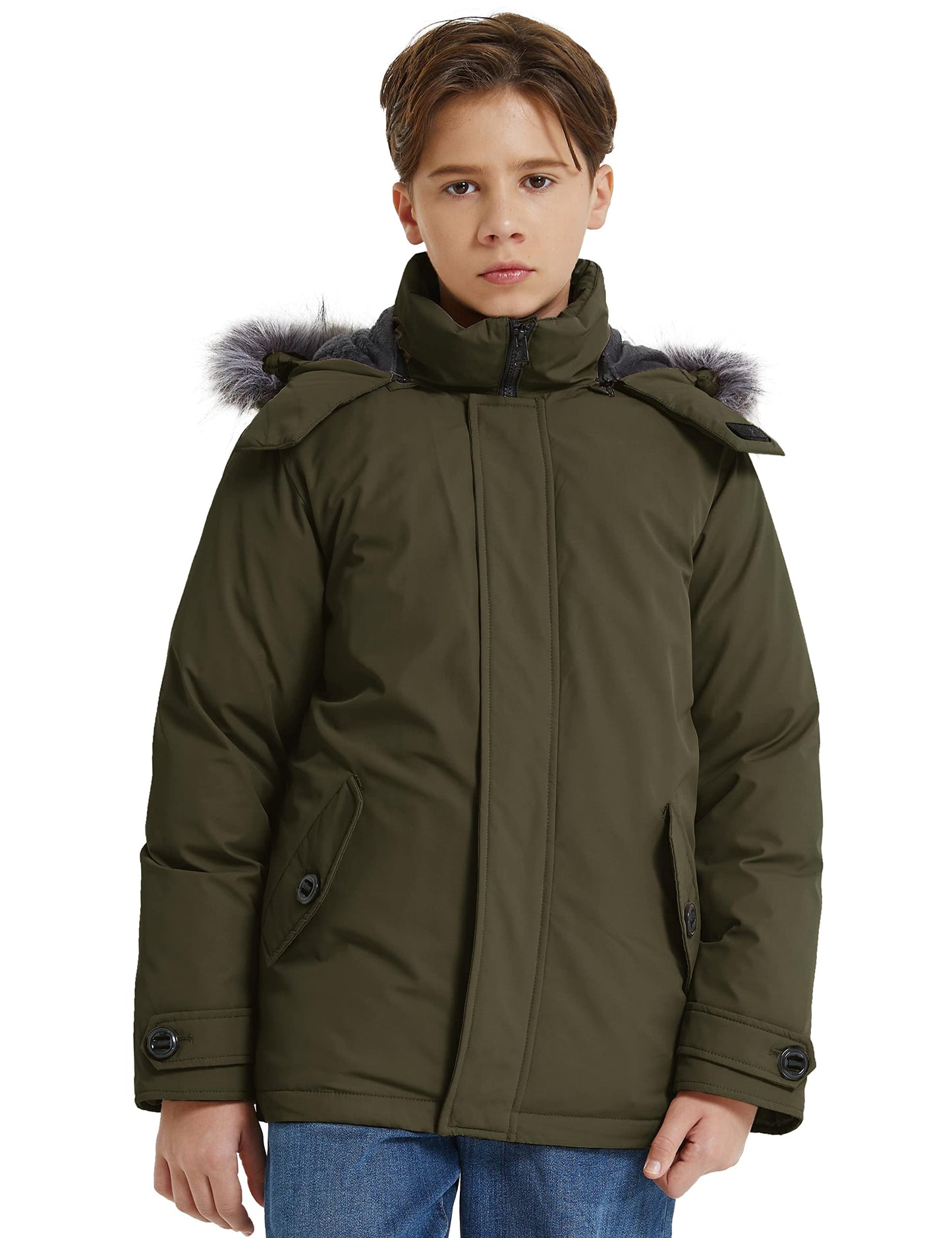 wantdo Boys' Hooded Puffer Jackets Water-Resistant Warm Fleece Winter Coat with Hood Army Green 6-7