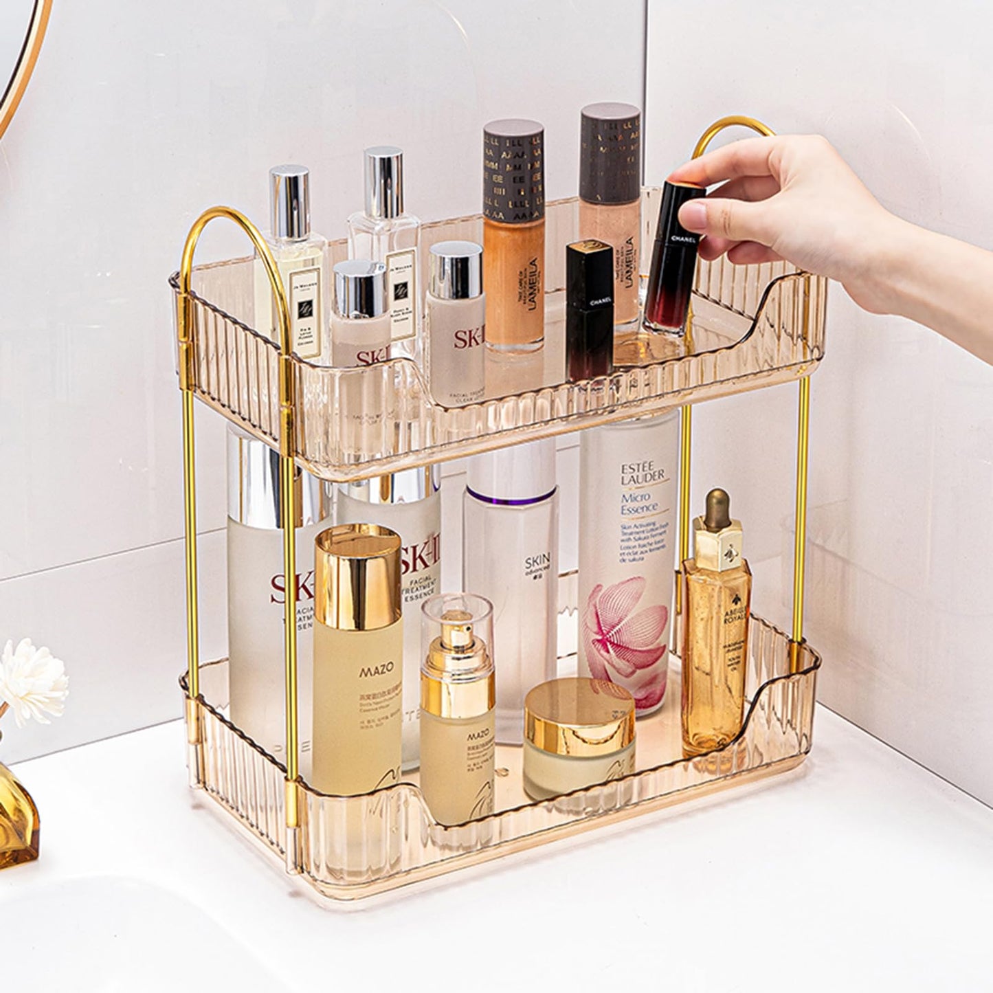 COMVTUPY Bathroom Counter Organizer Countertop Storage Cosmetics Skincare Shelf Organizer Makeup Organizer Perfume for Dresser Vanity Tray Spice Rack Organizer for Kitchen(2 Tier-Amber)