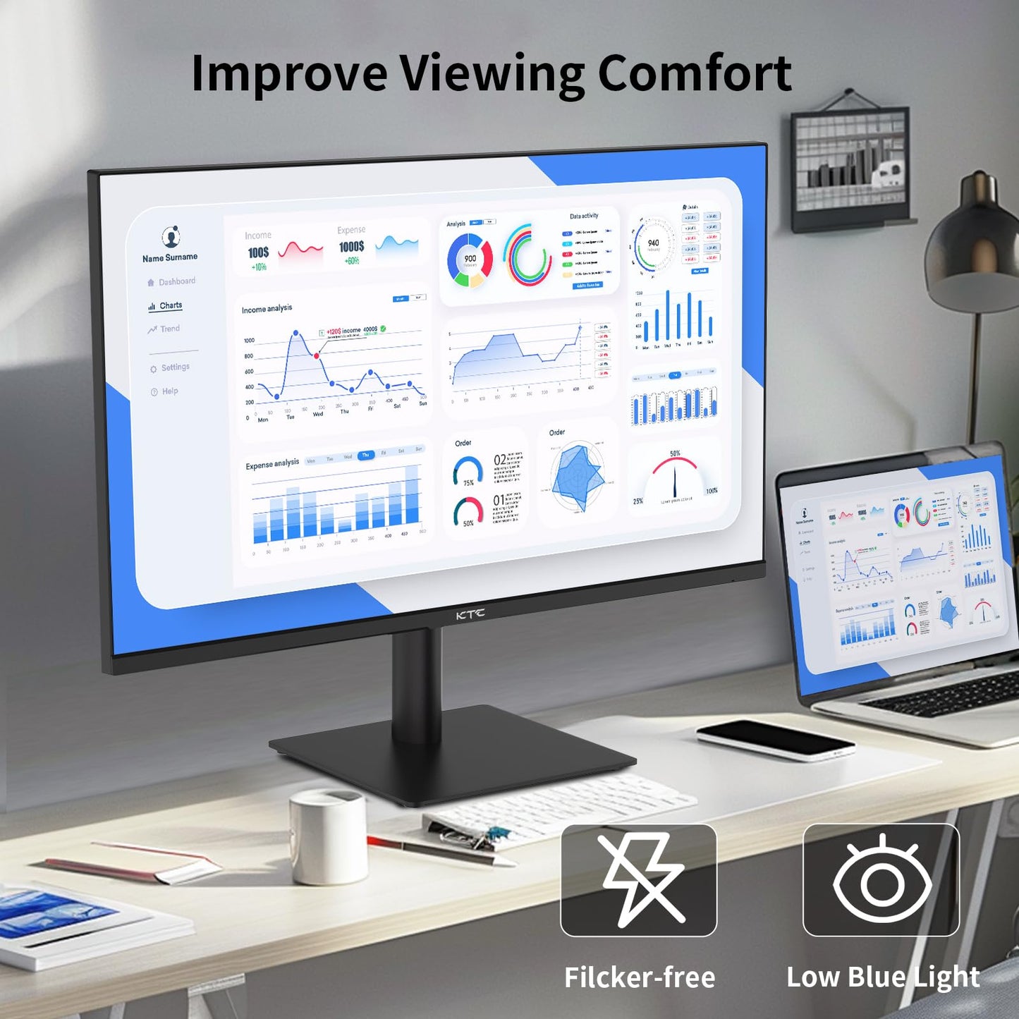 KTC 27 Inch QHD Computer Monitor, 1440P Frameless Eye Care PC Office Monitor with HDMI/DP, Tilt Adjustable