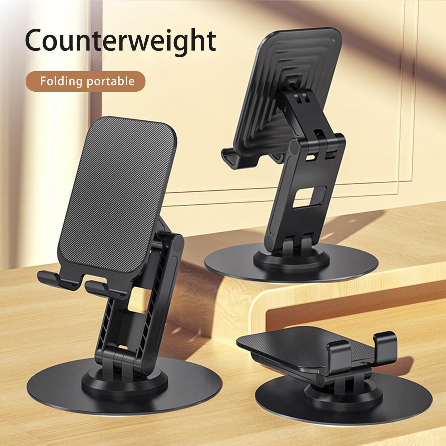 ONCHEER 360°Rotating Phone Holder for Desk, Portable & Foldable Cell Phone Stand for Office & Home, Angle & Height Adjustable Tablet Stand for All Smartphones, iPhone, iPad, Switch, Tablet - Black