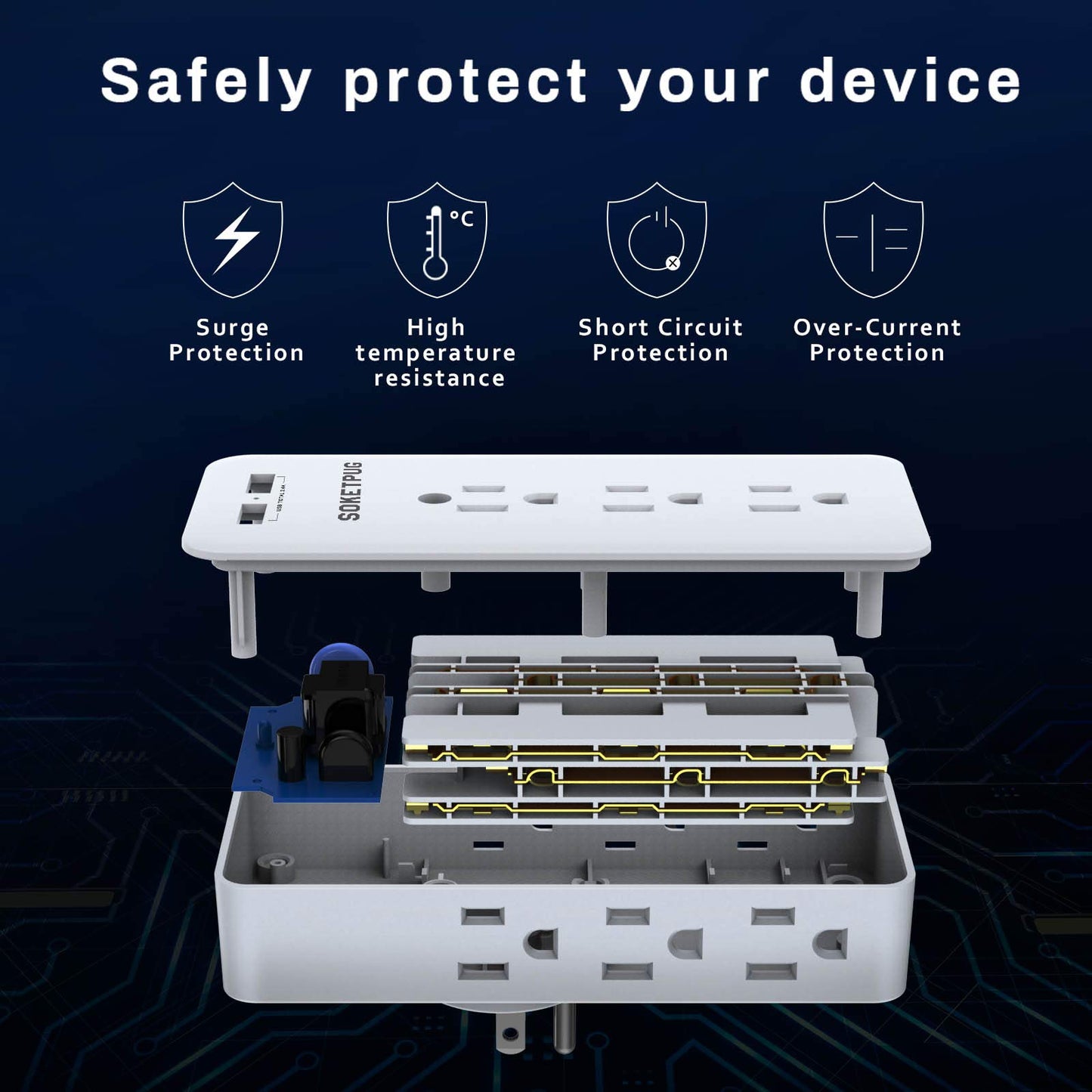 Surge Protector Outlet Extender, USB Wall Charger, SOKETPUG Multi Plug Outlet with 2 USB Charging Ports(Smart 2.4A Total), 9 AC Outlet Splitter Mountable, 3 Sided Plug Extender, Dorm Room Essentials