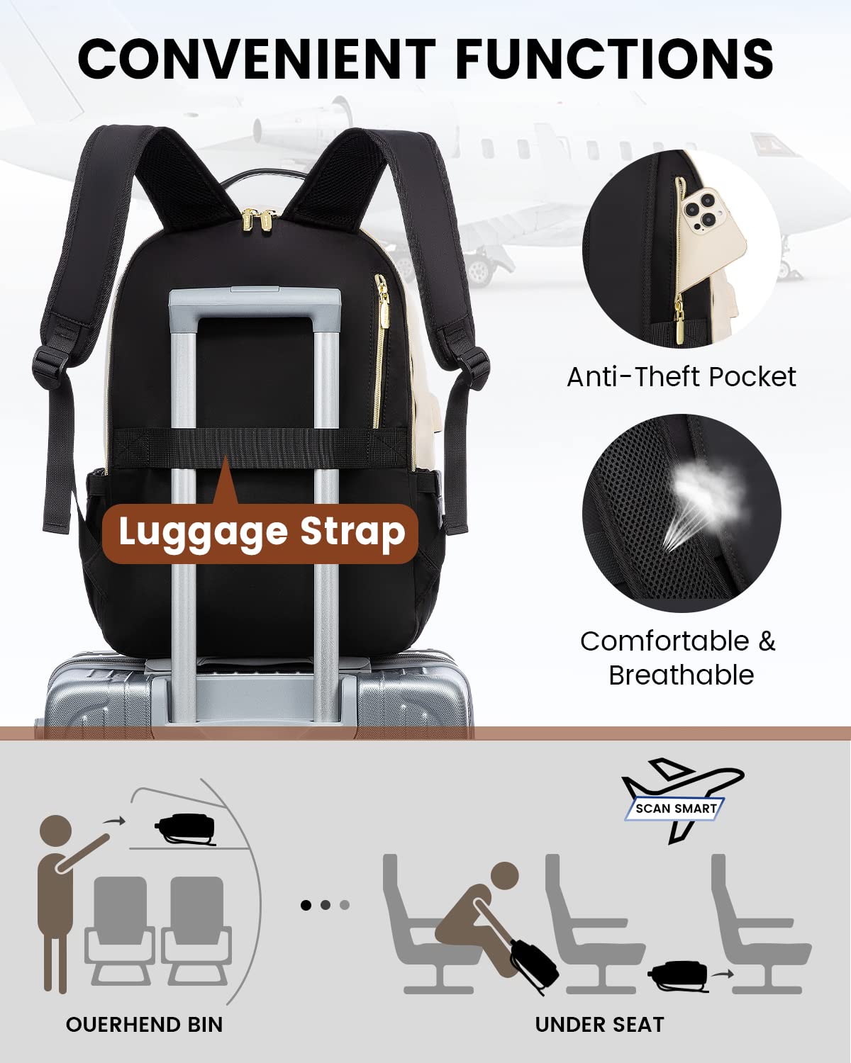 LOVEVOOK Laptop Backpack for Women, 15.6 Inch Backpack Purse with USB Port, Waterproof Travel Business Work Laptop Bag, Fashion Doctor Professor Nurse Backpack, Beige-Black