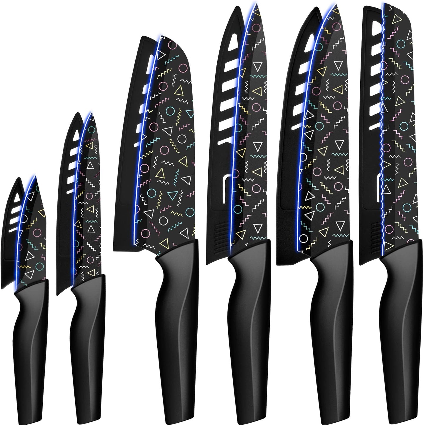 6 Stainless Steel Chef Knife Sets with 6 Blade Guards, Dishwasher Safe, Black