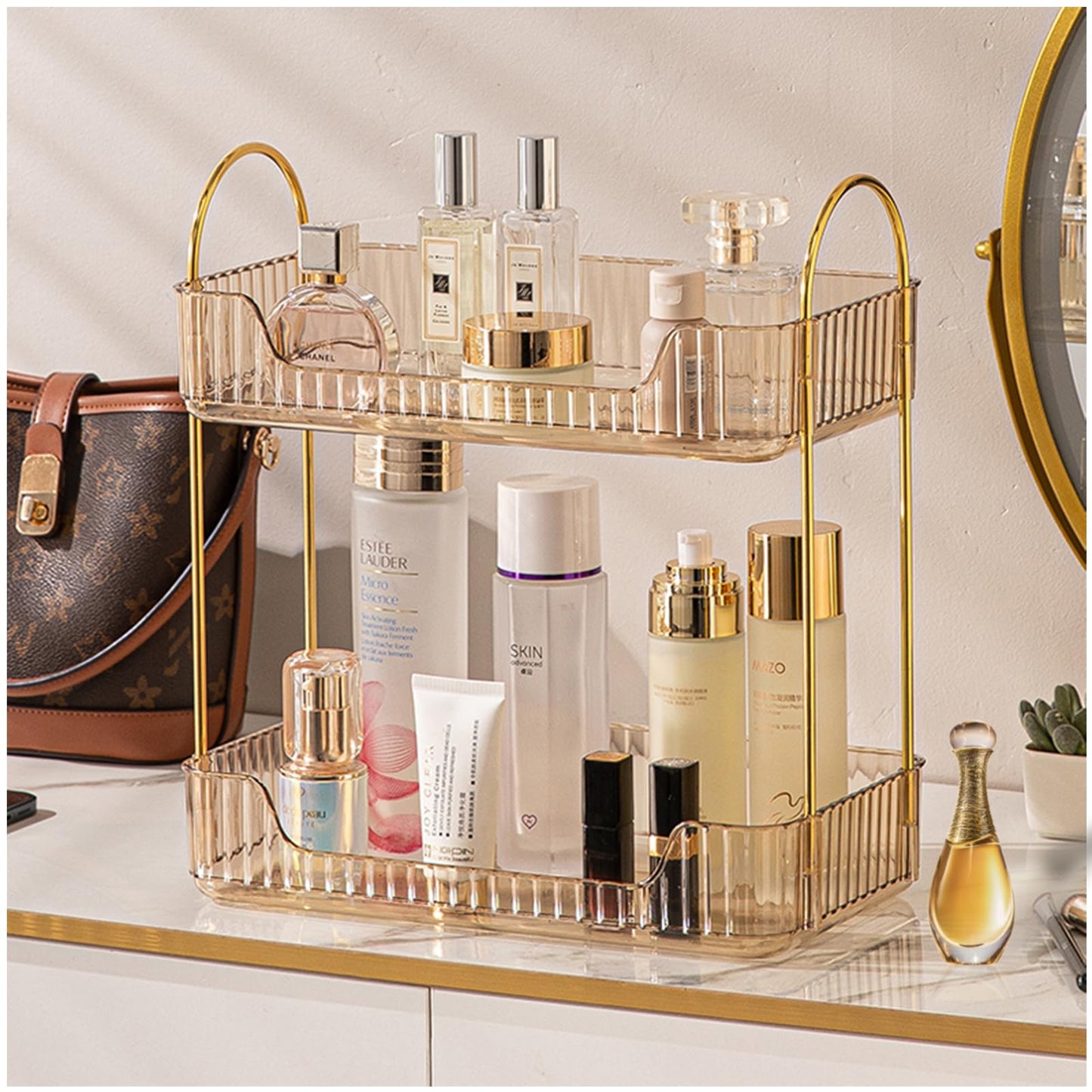 COMVTUPY Bathroom Counter Organizer Countertop Storage Cosmetics Skincare Shelf Organizer Makeup Organizer Perfume for Dresser Vanity Tray Spice Rack Organizer for Kitchen(2 Tier-Amber)