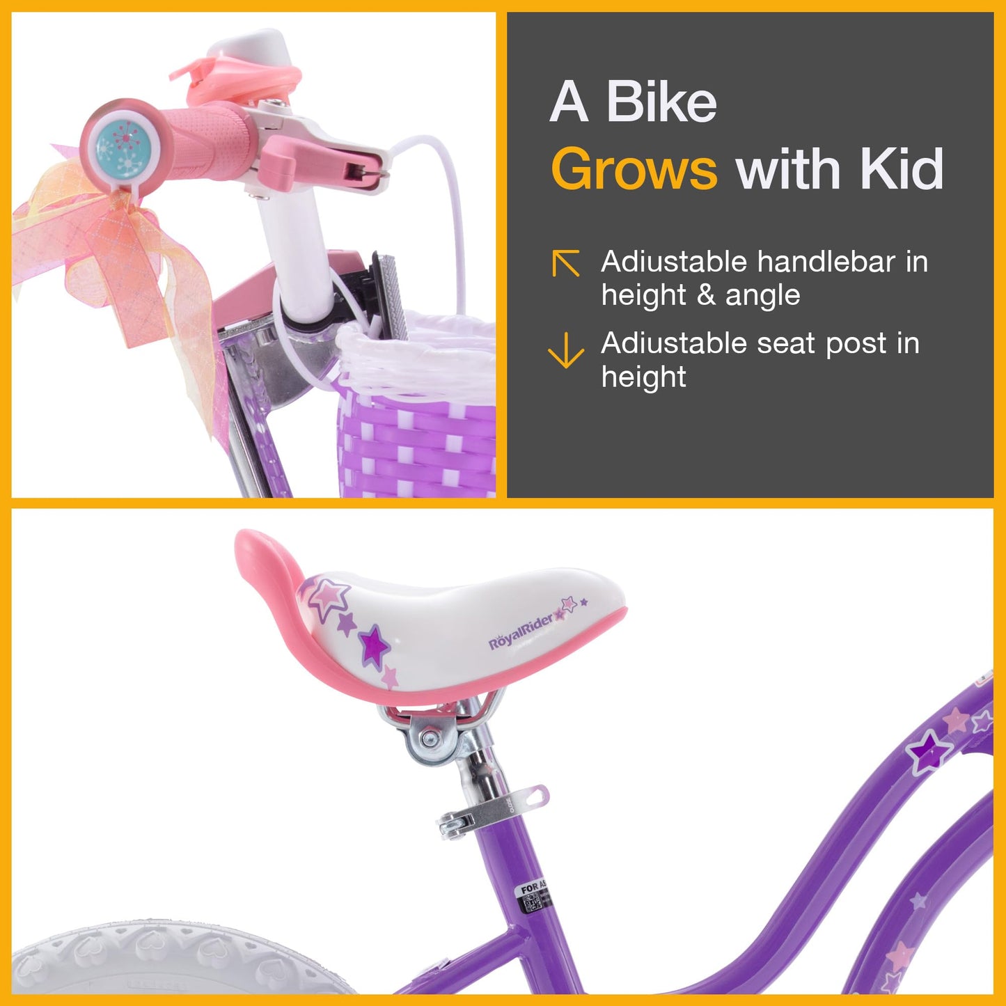Royalbaby Stargirl Kids Bike 14 Inch Girls Bicycle for Children with Training Wheels & Basket, Purple