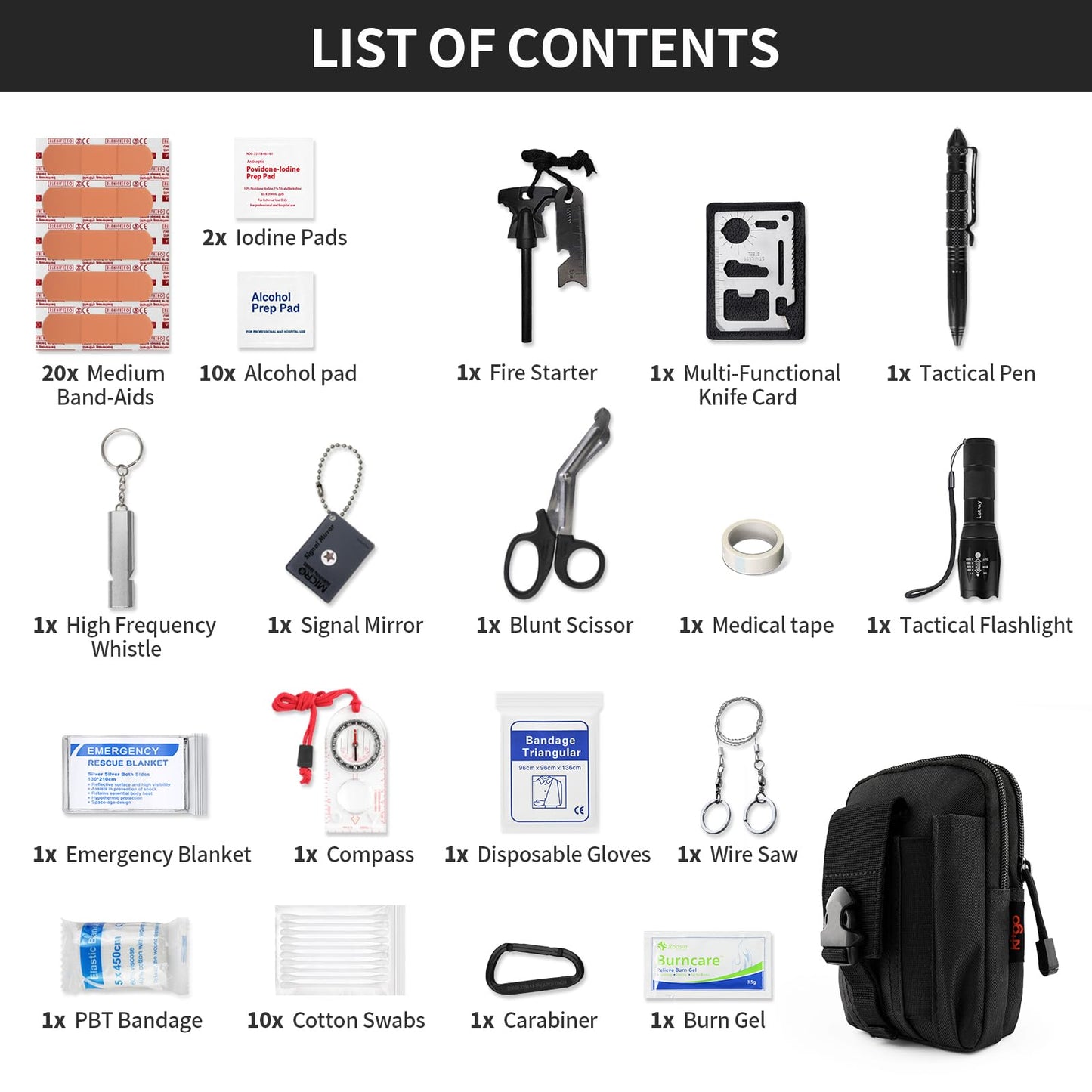 Kitgo Camping Emergency Tourniquet Survival Kit Safety First Aid Kit for Friend with Pro Tool Outdoor Survival Gear Tactical Small Molle Pouch for Home Hiking Hunting (Black)