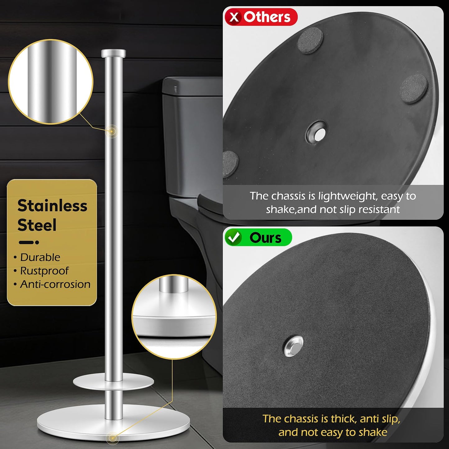 Toilet Paper Holder, Stainless Steel Bathroom Toilet Paper Holder Stand, Space-Saving Toilet Paper Roll Holder, Free Standing Toilet Paper Holder with Non-Slip Stable Base (Silver)