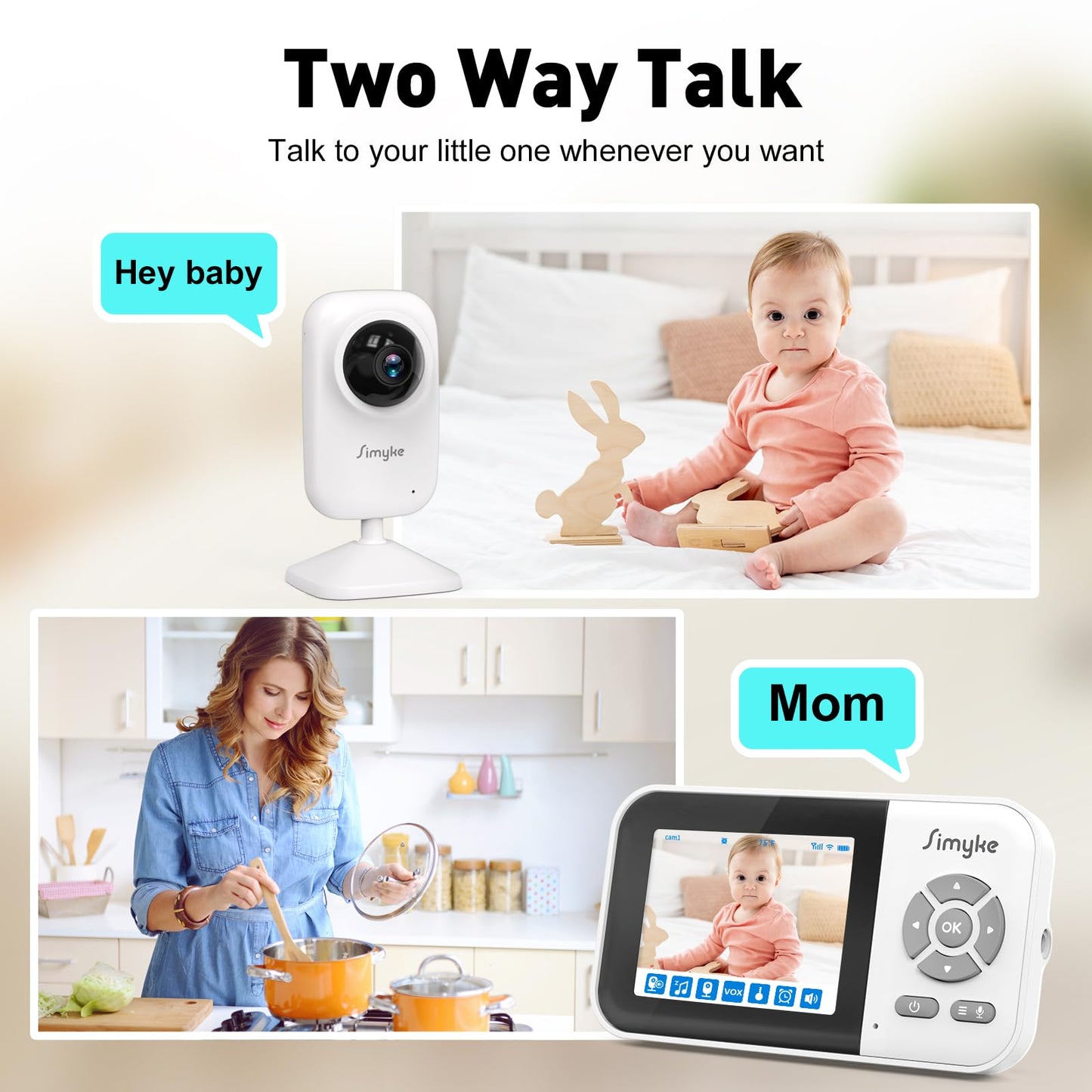 Simyke Upgrate Video Baby Monitor,WiFi Baby Camera,2.8" Display and App Control,1200ft Long Range,2 Way Talk,Auto Night Vision,Sound Alert,VOX,Temperature Sensor 5 Lullabies Feeding Remind,Home Use
