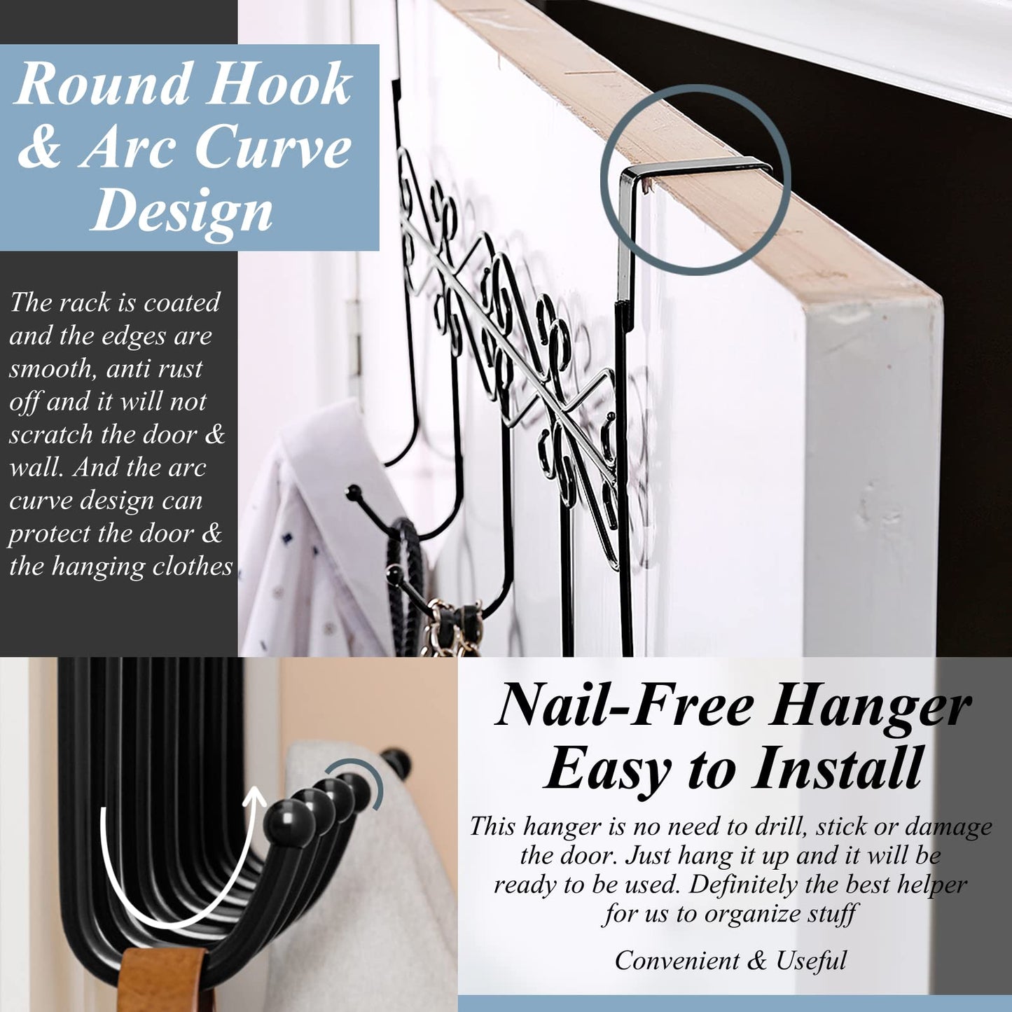 Youdepot Over The Door Hook Over Door Coat Rack Over Door Towel Rack Door Hooks,Door Hanger Hook of Bathroom,Clothes,Belt, Hat,Behind Back of Bathroom, Towel Hanger 2 Pieces 5 Hooks, Black.