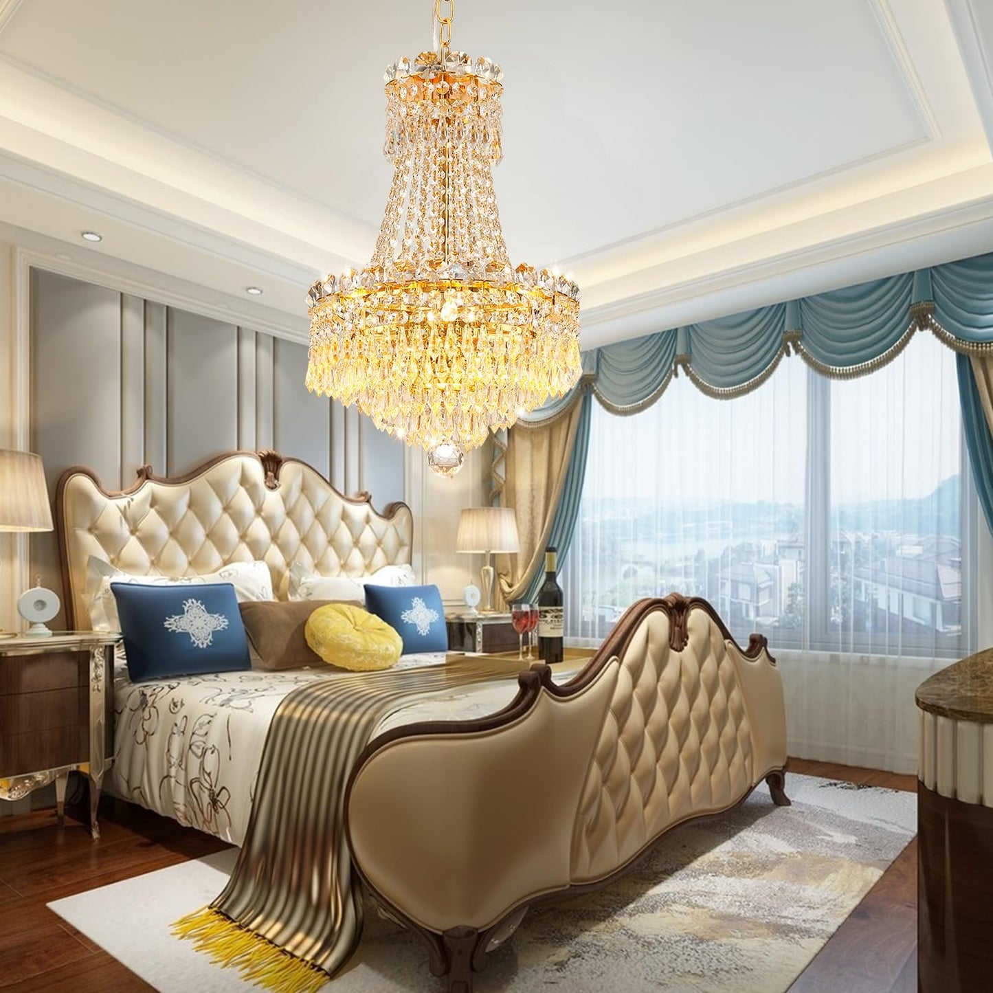 CEENWE 5 Light Gold Fish Crystal Chandelier,French Empire Style Chandeliers,Classic K9 Crystals Rain Drop Fixture for Living Room Foyer Entryway Hotel