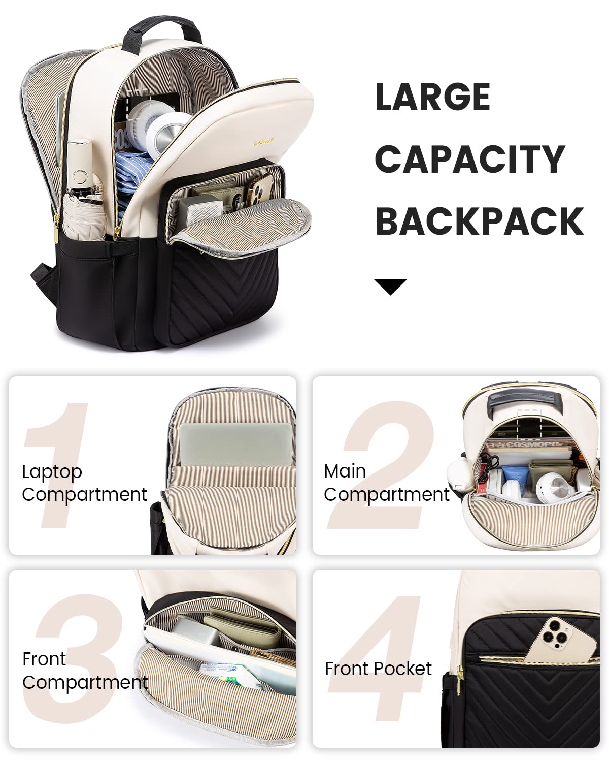 LOVEVOOK Laptop Backpack for Women, 15.6 Inch Backpack Purse with USB Port, Waterproof Travel Business Work Laptop Bag, Fashion Doctor Professor Nurse Backpack, Beige-Black