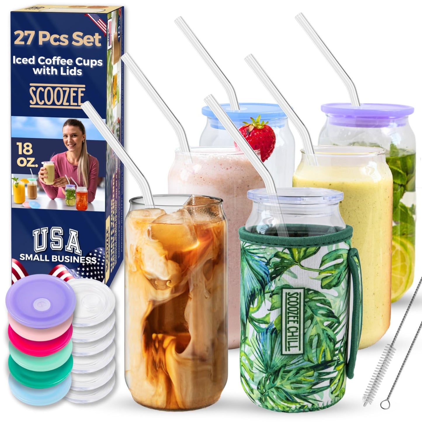 Pack of 6 Glass Cups with Lids & Straws