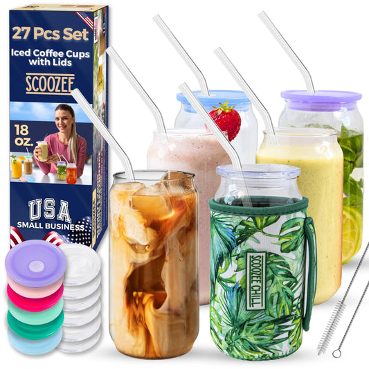 Pack of 6 Glass Cups with Lids & Straws