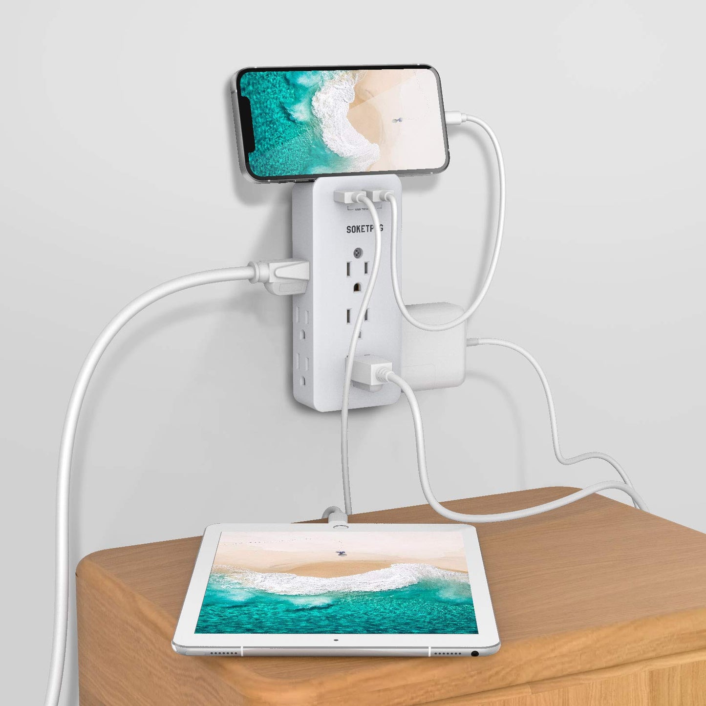 Surge Protector Outlet Extender, USB Wall Charger, SOKETPUG Multi Plug Outlet with 2 USB Charging Ports(Smart 2.4A Total), 9 AC Outlet Splitter Mountable, 3 Sided Plug Extender, Dorm Room Essentials