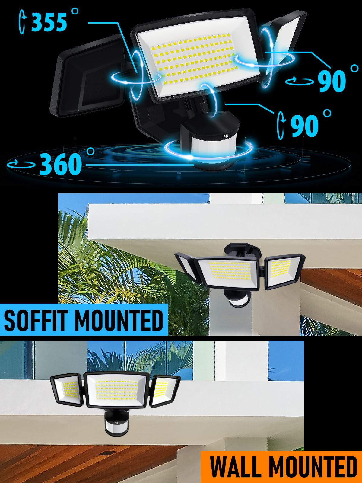 VENSSTNOR Motion Sensor Outdoor Lights - 48W 5000LM 6500K, 4 Lighting Modes, 180°Motion Detected, IP65 Waterproof, LED Security Lights for Garage, Yard, Porch(Black)