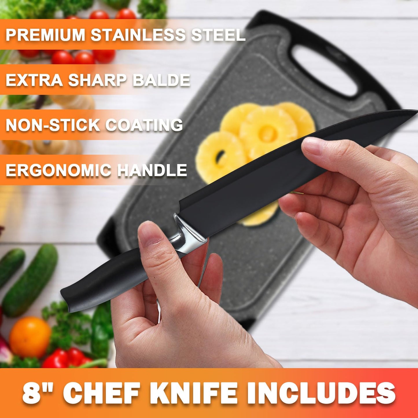 Funnydin Cutting Boards for Kitchen - 8 Set - Plastic Cutting Board Set with Chef Knife & 4 Hooks, Non-Slip Chopping Board Set, Kitchen Cutting Boards with Juice Groove, Grinding Area, Dishwasher Safe