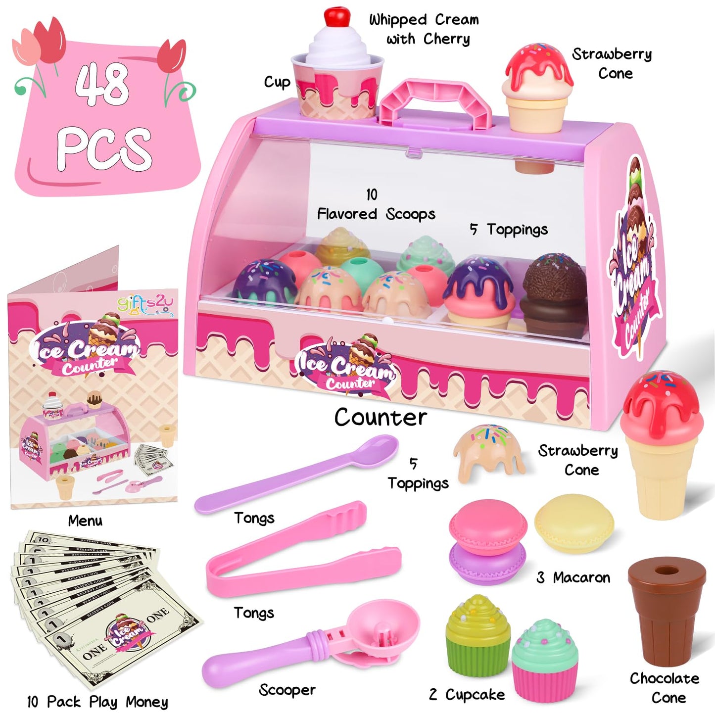 Gifts2U Ice Cream Toys for Kids, 48 Pcs Ice Cream Counter Playset - Scoop and Serve Ice Cream Counter