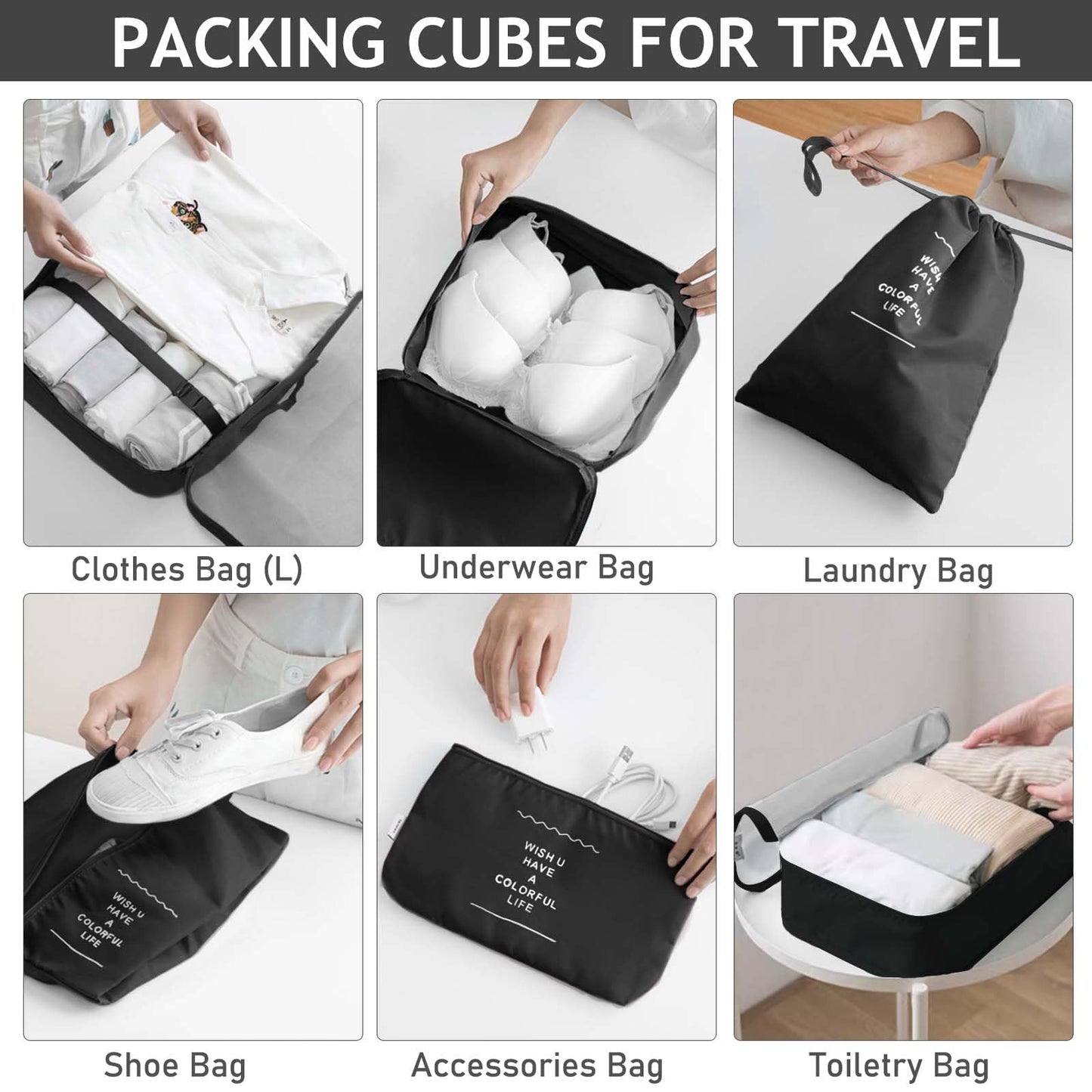 7 Set Packing Cubes for Travel, Travel Luggage Packing Organizers, Travel Accessories Large Toiletries Bag for Clothes Shoes Cosmetics Toiletries (Black)