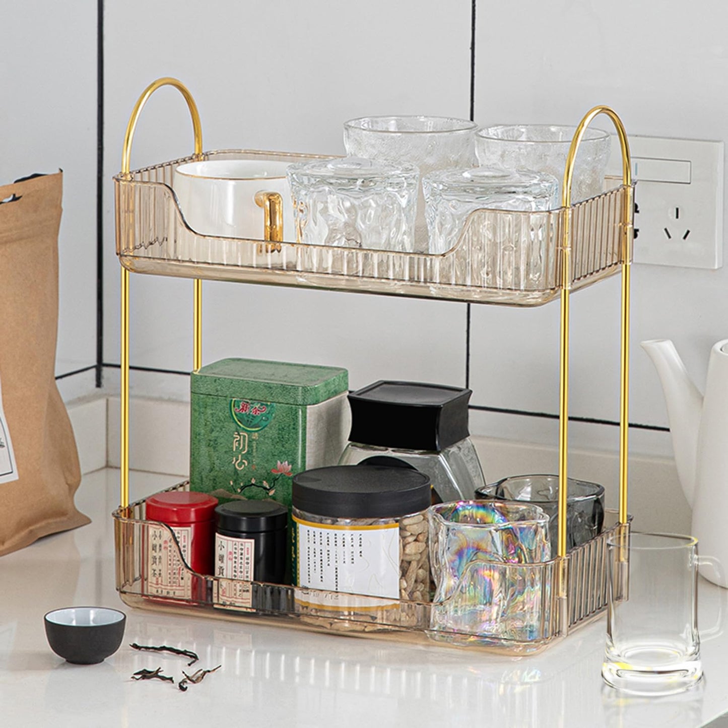 COMVTUPY Bathroom Counter Organizer Countertop Storage Cosmetics Skincare Shelf Organizer Makeup Organizer Perfume for Dresser Vanity Tray Spice Rack Organizer for Kitchen(2 Tier-Amber)