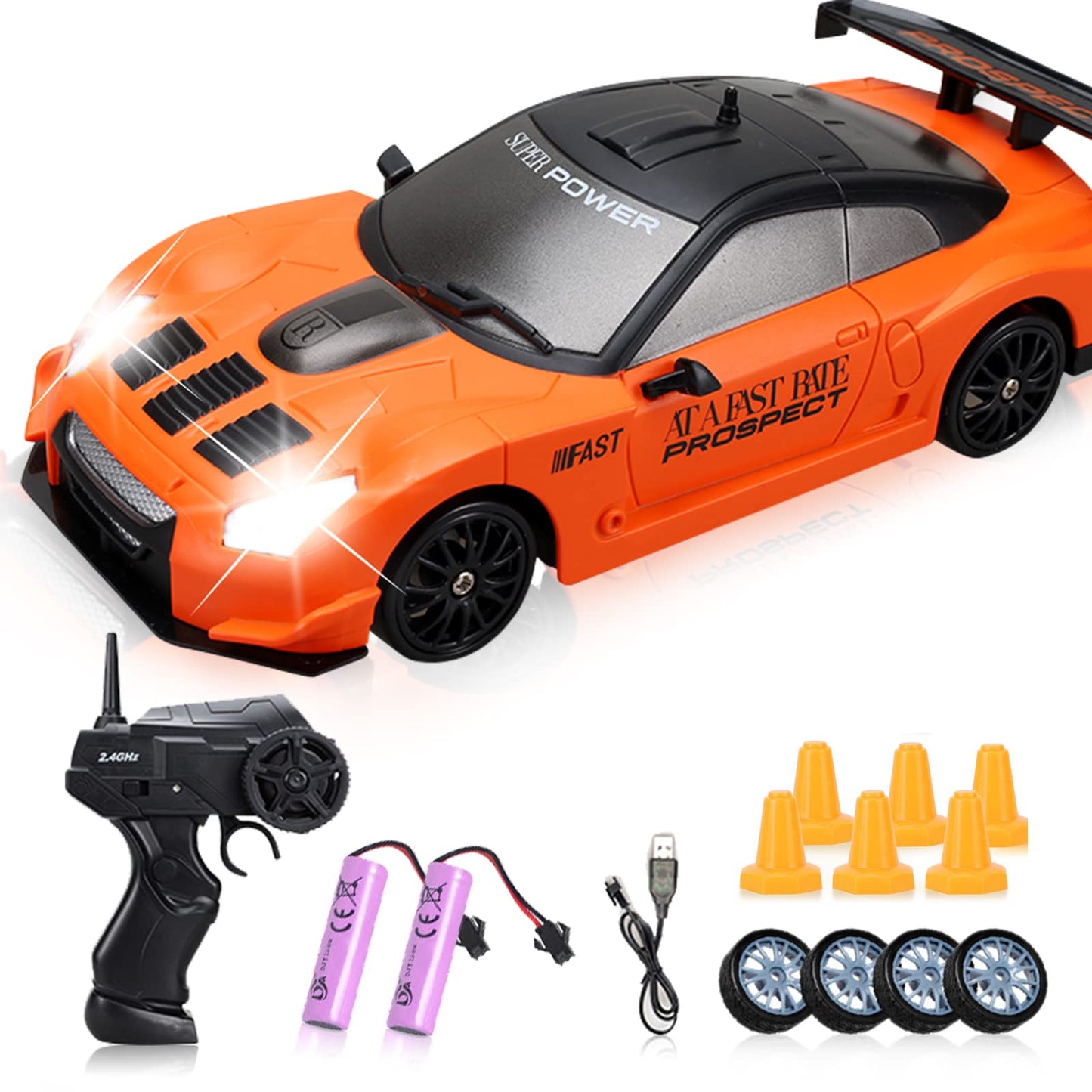 YUAN PLAN Remote Control Car, Drift RC Car 1/24 2.4GHz 4WD High Speed Orange RC Vehicle Cars Toys with LED Light and Drift Tires USB Charging for Boys and Girls Teens and Adults Gift