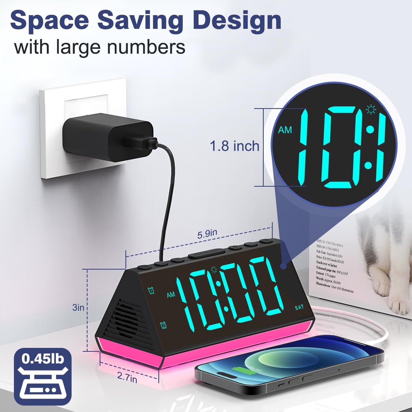 Alarm Clocks for Bedrooms, Digital Kids Alarm Clock Night Light with USB Chargers, Large Number, Dimmer, Dual Alarm, Loud Bedside Clock for Heavy Sleepers Teens Living Room Desk Nightstand, Plug-in