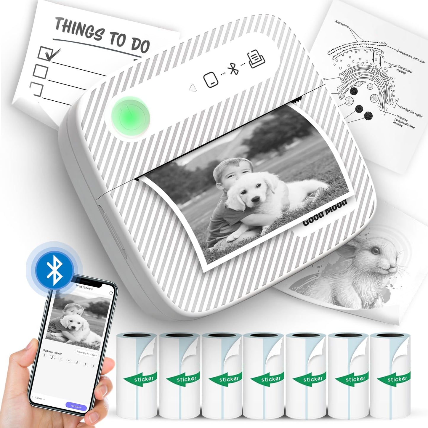 Portable Printer with 7 Rolls Sticker Paper