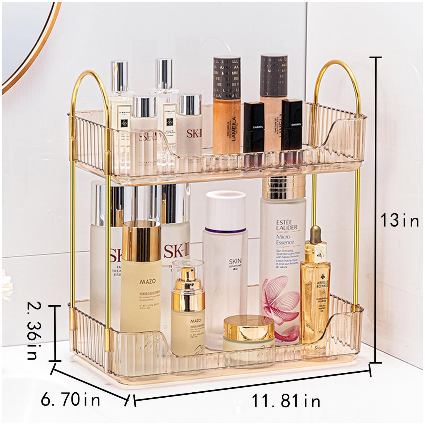 COMVTUPY Bathroom Counter Organizer Countertop Storage Cosmetics Skincare Shelf Organizer Makeup Organizer Perfume for Dresser Vanity Tray Spice Rack Organizer for Kitchen(2 Tier-Amber)
