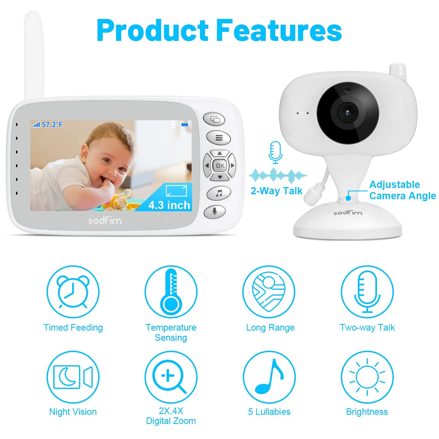 sodfim Baby Monitor with Camera and Audio 2 PCS, 4.3" Baby Camera Monitor No WiFi, 4X Zoom, 1000FT Long Range, Night Vision 360° Rotation Wireless Video Baby Monitor