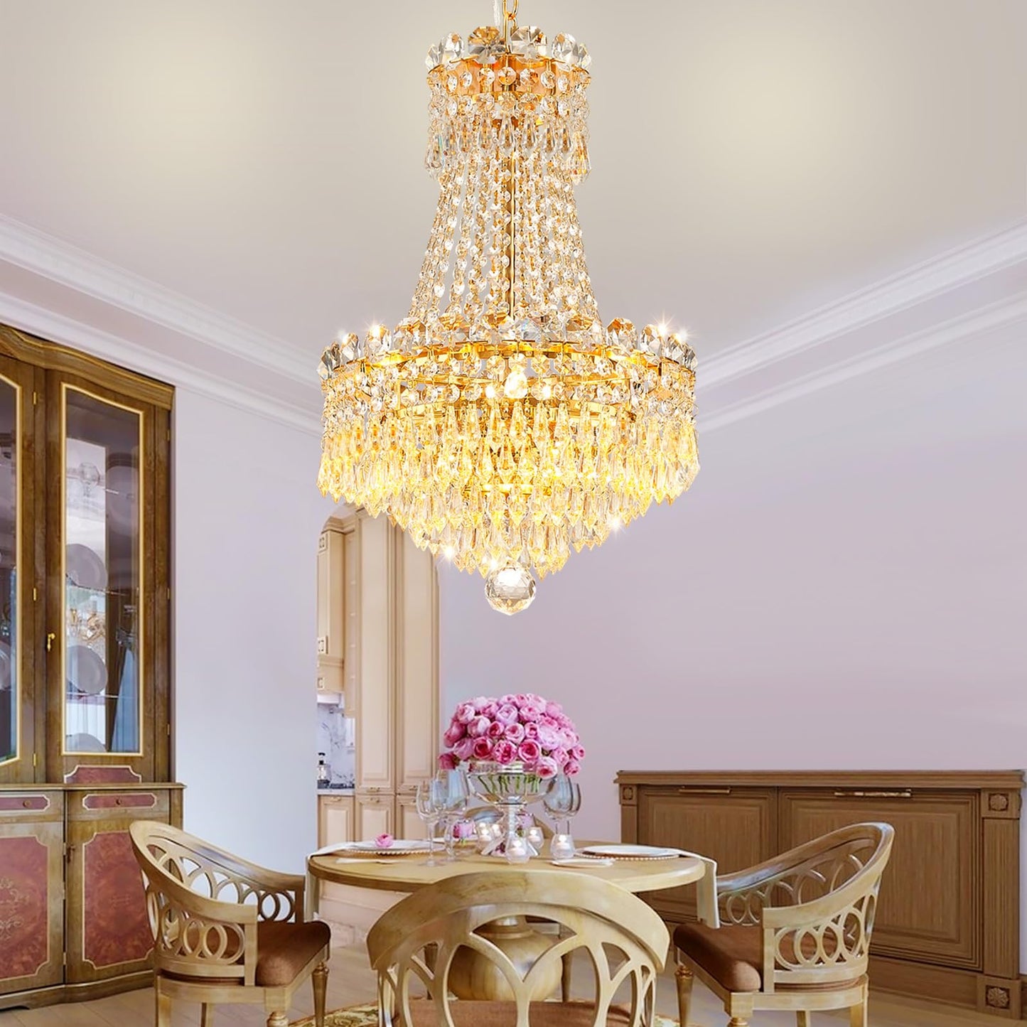 CEENWE 5 Light Gold Fish Crystal Chandelier,French Empire Style Chandeliers,Classic K9 Crystals Rain Drop Fixture for Living Room Foyer Entryway Hotel