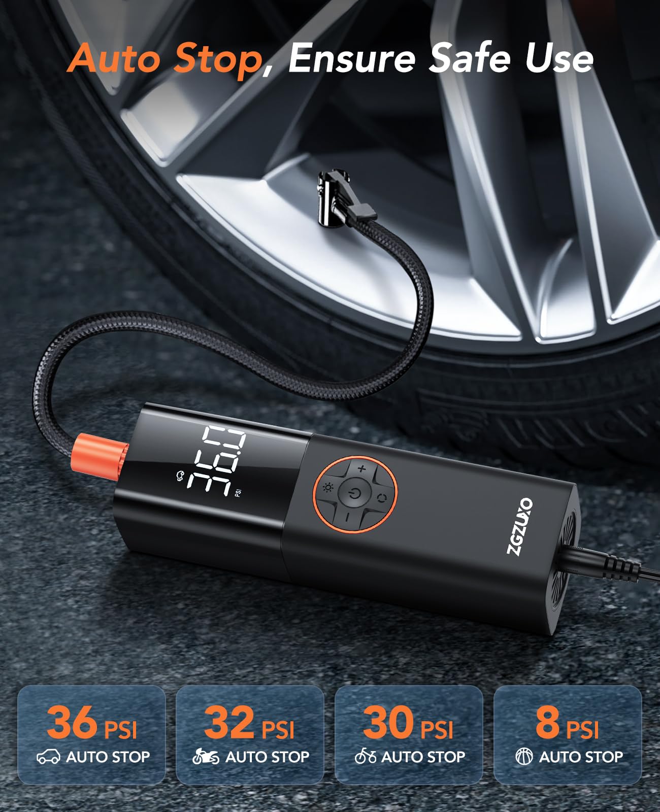 ZGZUXO Tire Inflator Portable Air Compressor, DC 12V Small Air Pump for Car Tires, 150PSI Electric Tire Pump, Auto Portable Tire Inflator for Car with Digital Pressure Gauge, LED Light
