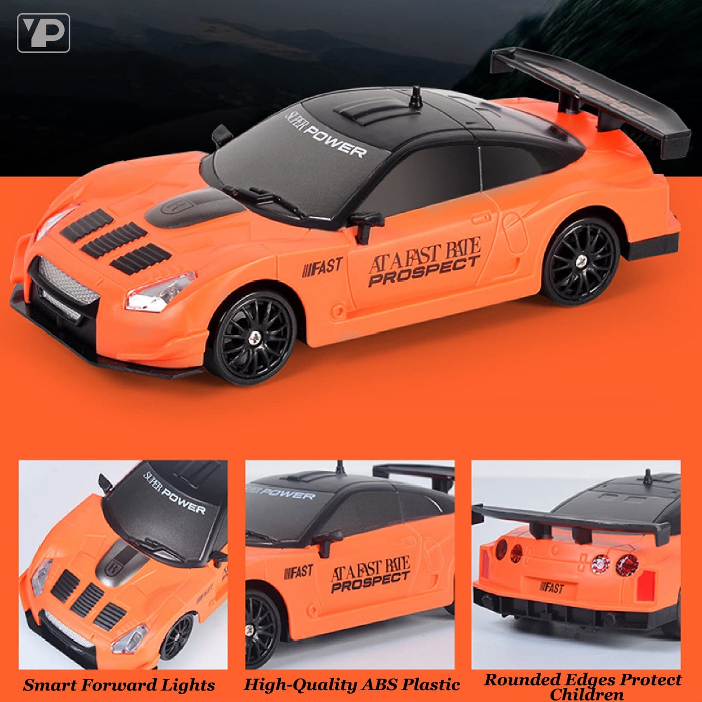 YUAN PLAN Remote Control Car, Drift RC Car 1/24 2.4GHz 4WD High Speed Orange RC Vehicle Cars Toys with LED Light and Drift Tires USB Charging for Boys and Girls Teens and Adults Gift