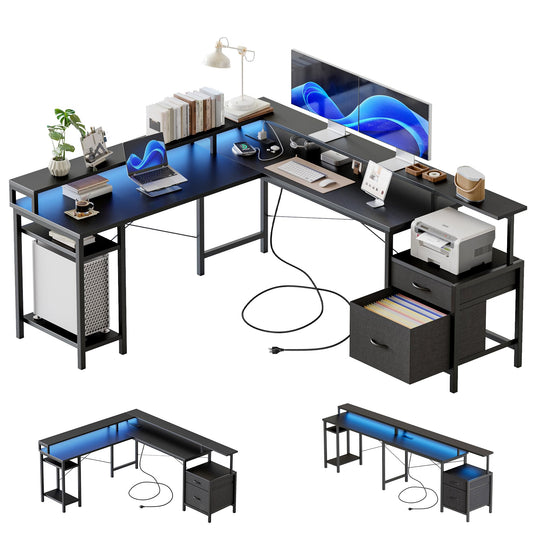Modern L-Shaped Gaming Desk – 112" with RGB & Outlets