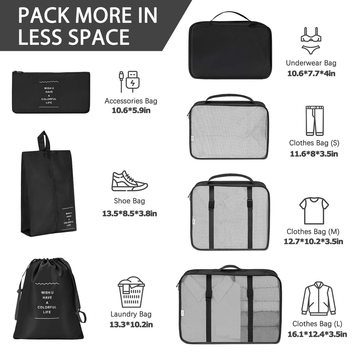 7 Set Packing Cubes for Travel, Travel Luggage Packing Organizers, Travel Accessories Large Toiletries Bag for Clothes Shoes Cosmetics Toiletries (Black)
