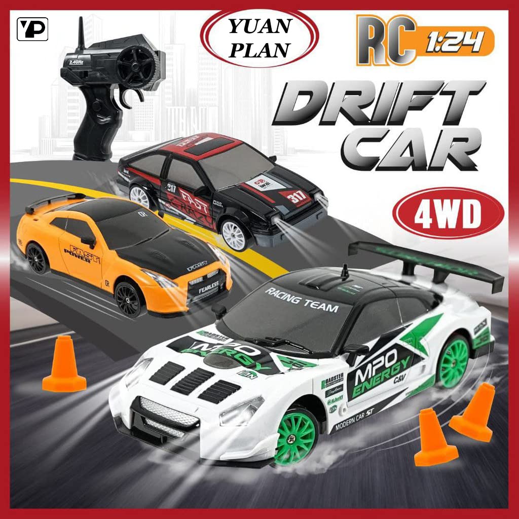 YUAN PLAN Remote Control Car, Drift RC Car 1/24 2.4GHz 4WD High Speed Orange RC Vehicle Cars Toys with LED Light and Drift Tires USB Charging for Boys and Girls Teens and Adults Gift