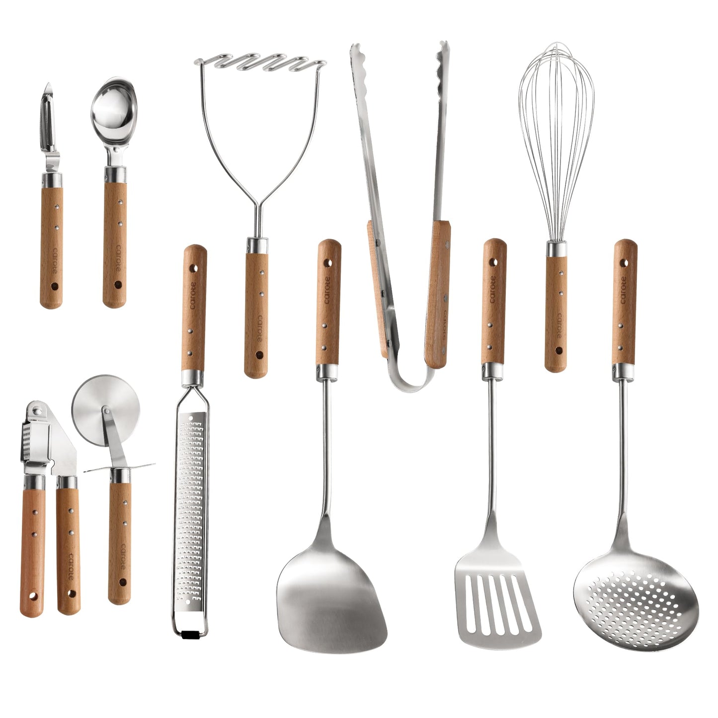 Carote Stainless Steel Cooking Utensils Set with Stay-Cool Wooden Handles, 11PCS