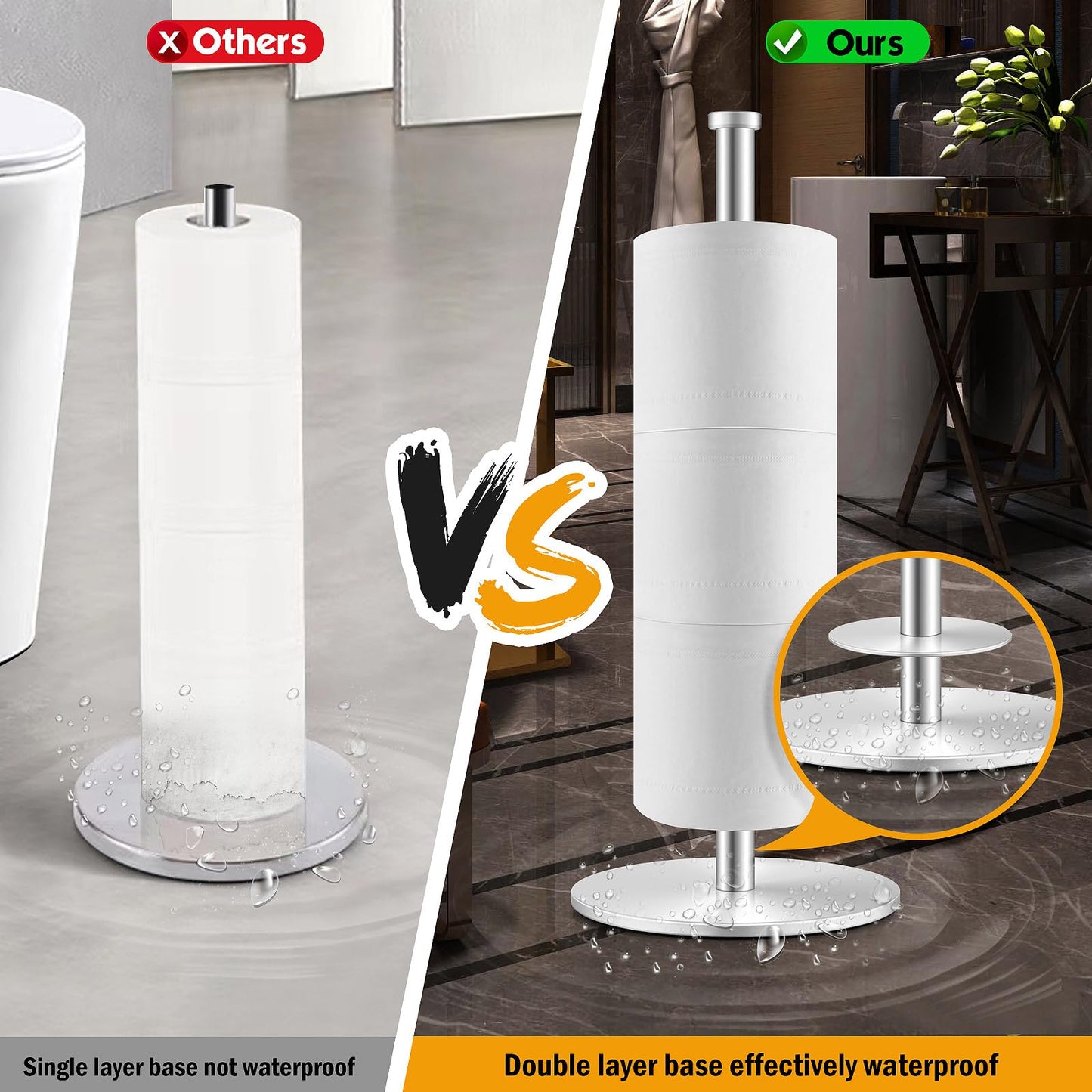 Toilet Paper Holder, Stainless Steel Bathroom Toilet Paper Holder Stand, Space-Saving Toilet Paper Roll Holder, Free Standing Toilet Paper Holder with Non-Slip Stable Base (Silver)