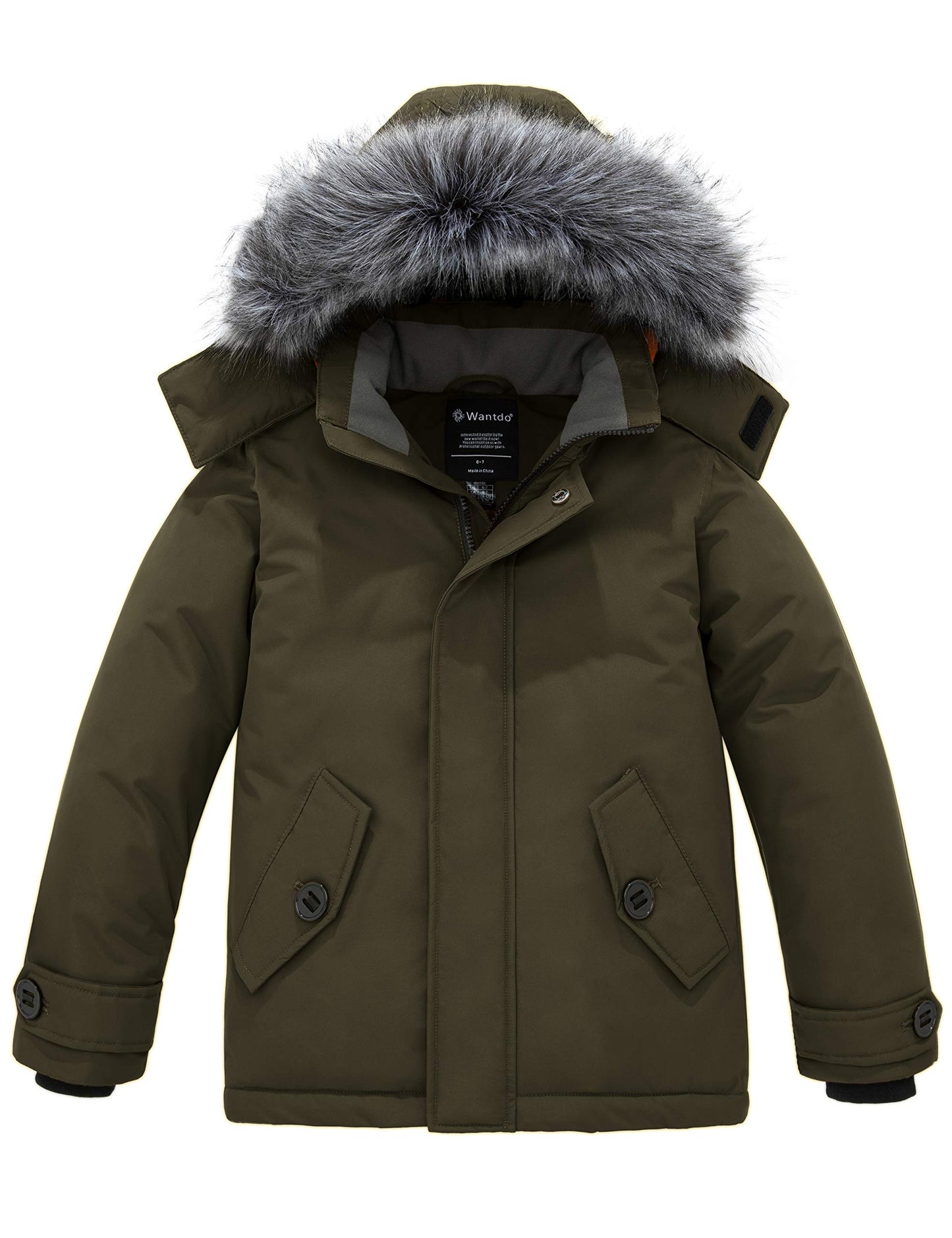 wantdo Boys' Hooded Puffer Jackets Water-Resistant Warm Fleece Winter Coat with Hood Army Green 6-7