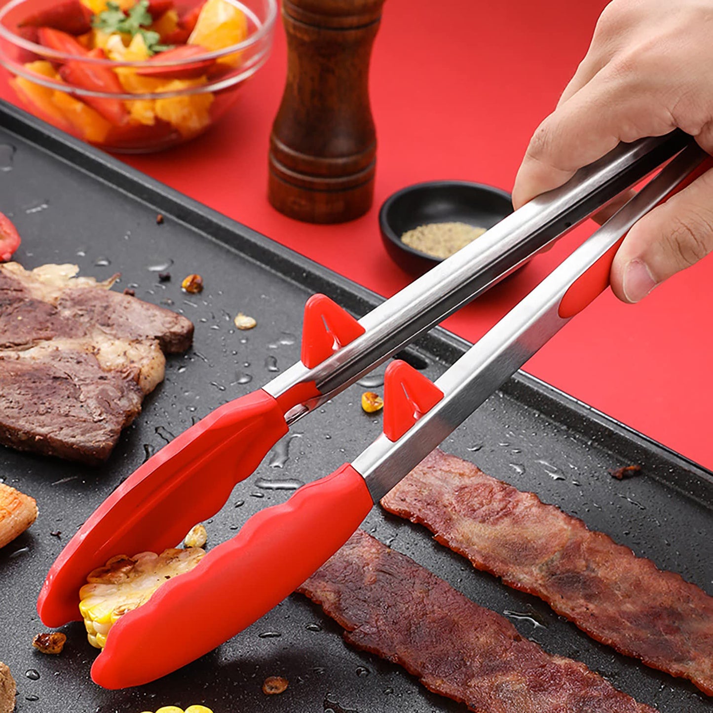 Mekbok Kitchen Tongs with Silicone Tips and Stands, Cooking Tongs, Bbq Grill Tongs, Set of 3
