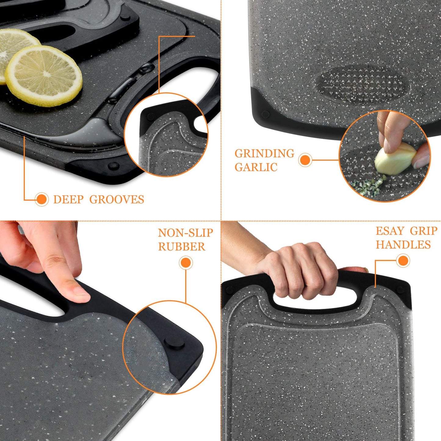 Funnydin Cutting Boards for Kitchen - 8 Set - Plastic Cutting Board Set with Chef Knife & 4 Hooks, Non-Slip Chopping Board Set, Kitchen Cutting Boards with Juice Groove, Grinding Area, Dishwasher Safe