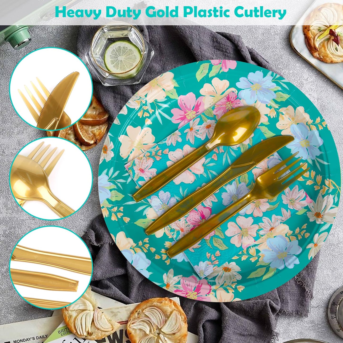 Uniecocus 175PCS Disposable Plates Set, Party Plates and Cups and Napkins Sets, Flower Paper Plates Set, Disposable Dinnerware Set for Party Wedding Birthday