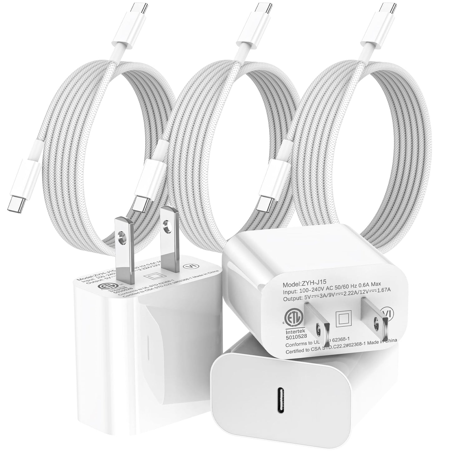 USB-C Fast Chargers with 6ft Braided Cables - 3 Pack