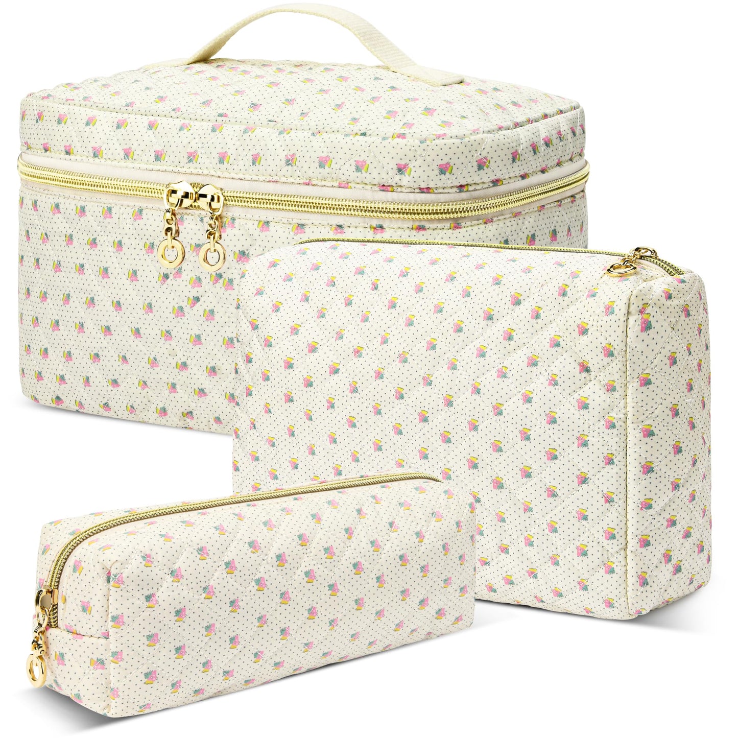 3 PCS Travel Makeup Bag Set, Large Cotton Make up Bag Quilted