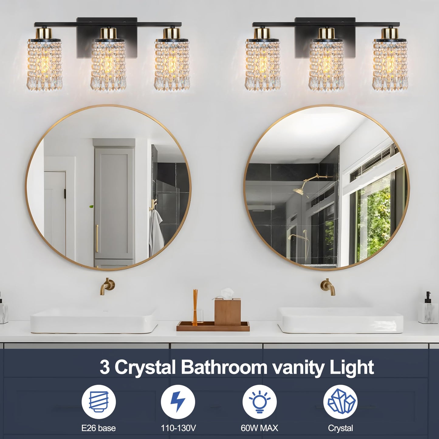 NOVELUX 3 Lights Bathroom Light Fixtures Over Mirror 2 Packs Modern Crystal Bathroom Vanity Lights Modern Matte Black K9 Crystal Vanity Light for Bathroom E26 Bathroom Lights Above Mirror