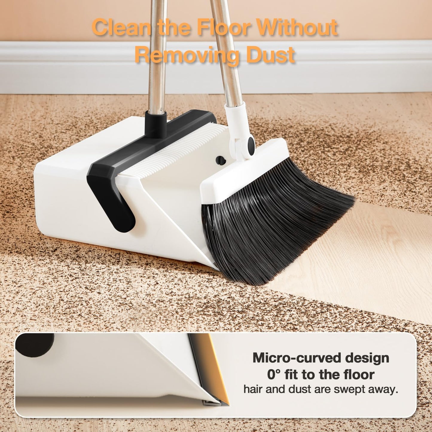 Broom with Dustpan Combo Set,UOEOS One-Sweep Clean,Pet Hair Removal Broom with Self-Cleaning Double-Layer Teeth,High Density Broom and Windproof Dustpan for Indoor&Outdoor,Standing Broom Holder Set
