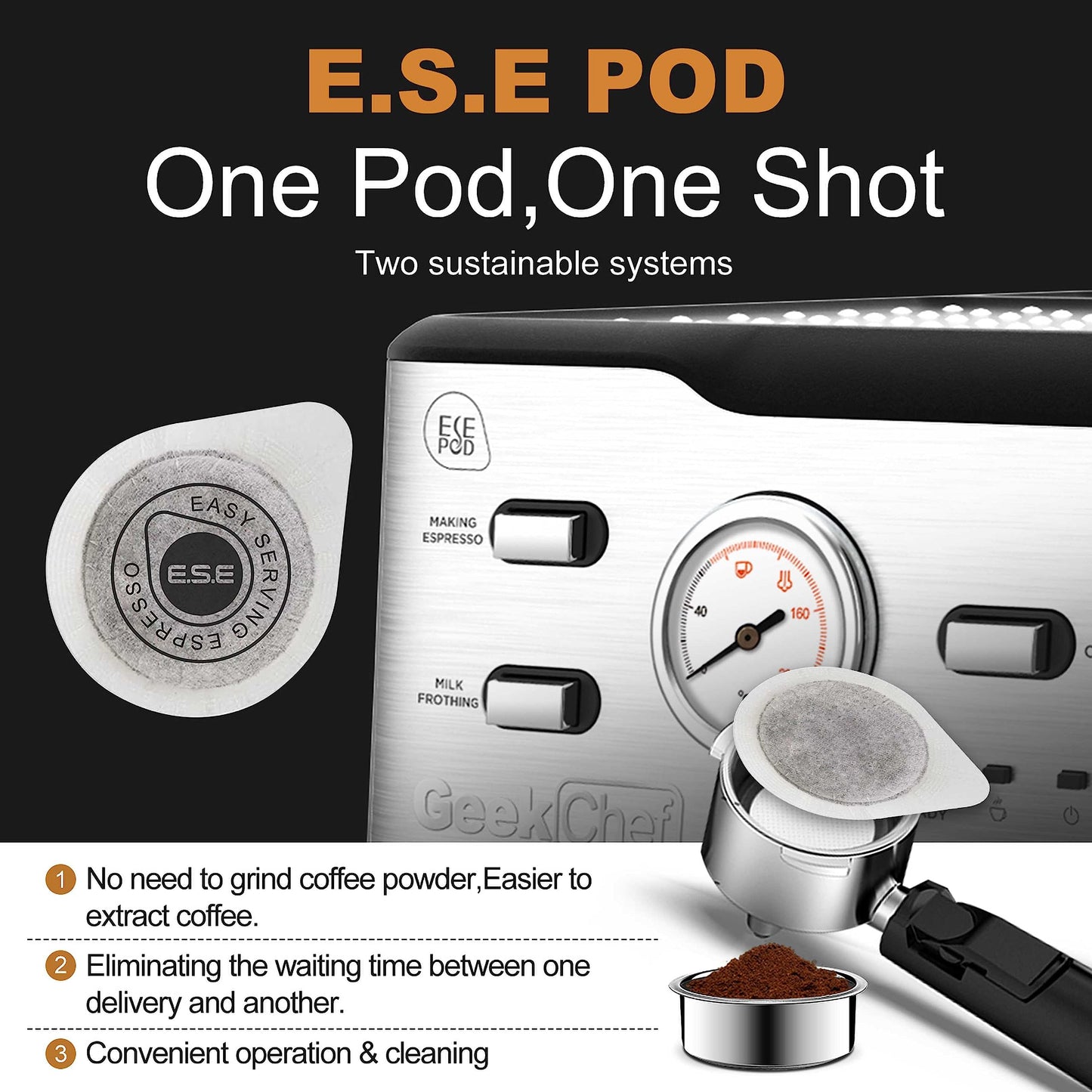 Geek Chef Espresso Machine 20 Bar, Cappuccino latte Maker Coffee Machine with ESE POD capsules filter&Milk Frother Steam Wand, 1.5L Water Tank, for Home Barista, Stainless steel 950W, Grey