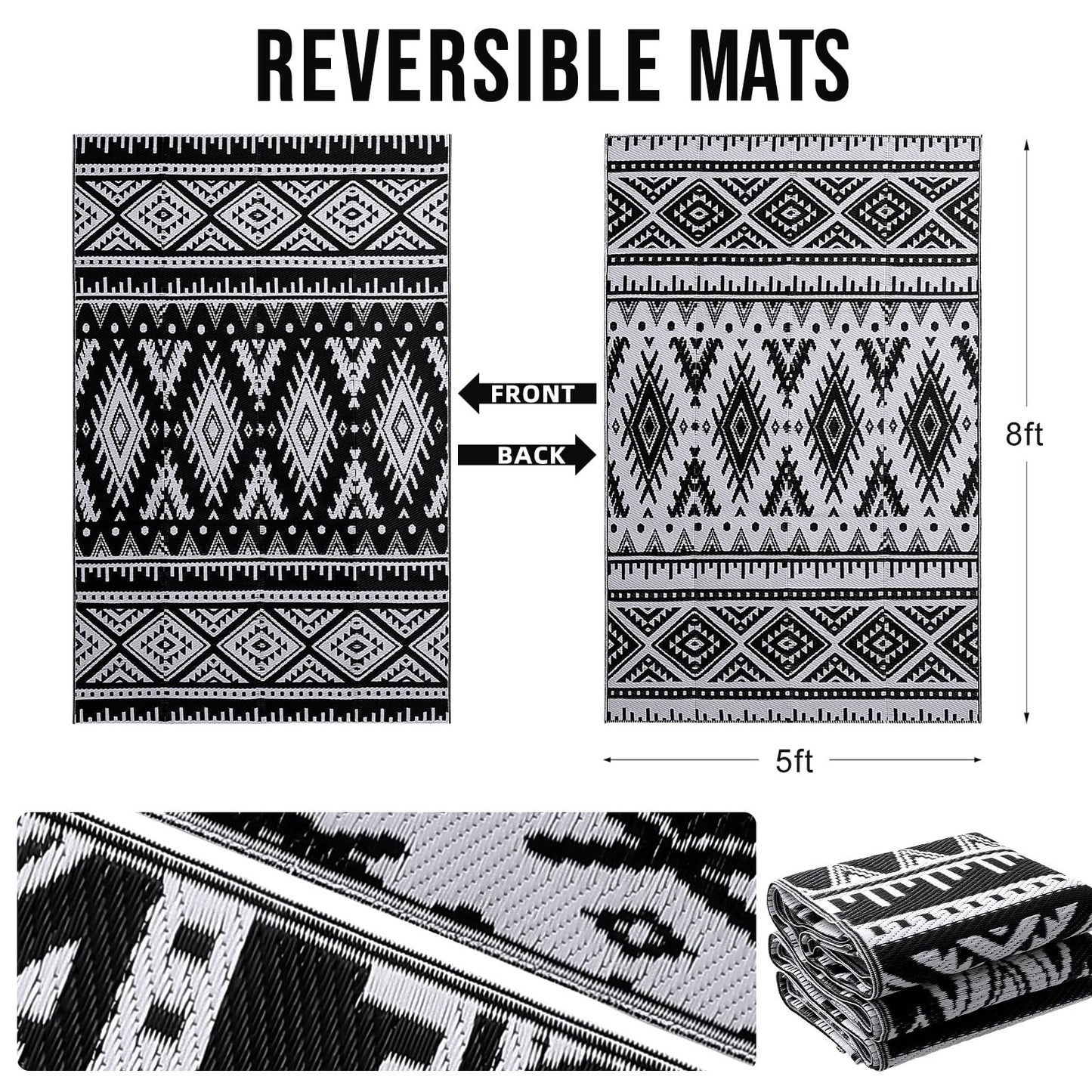 OLANLY Outdoor Rug Waterproof 5x8 ft, Reversible Outdoor Plastic Straw Rug, Boho Patio Rug, Indoor Outdoor Carpet, RV Mat Outside for Patio, Camp, Picnic, Balcony, Deck, Backyard, Black & White