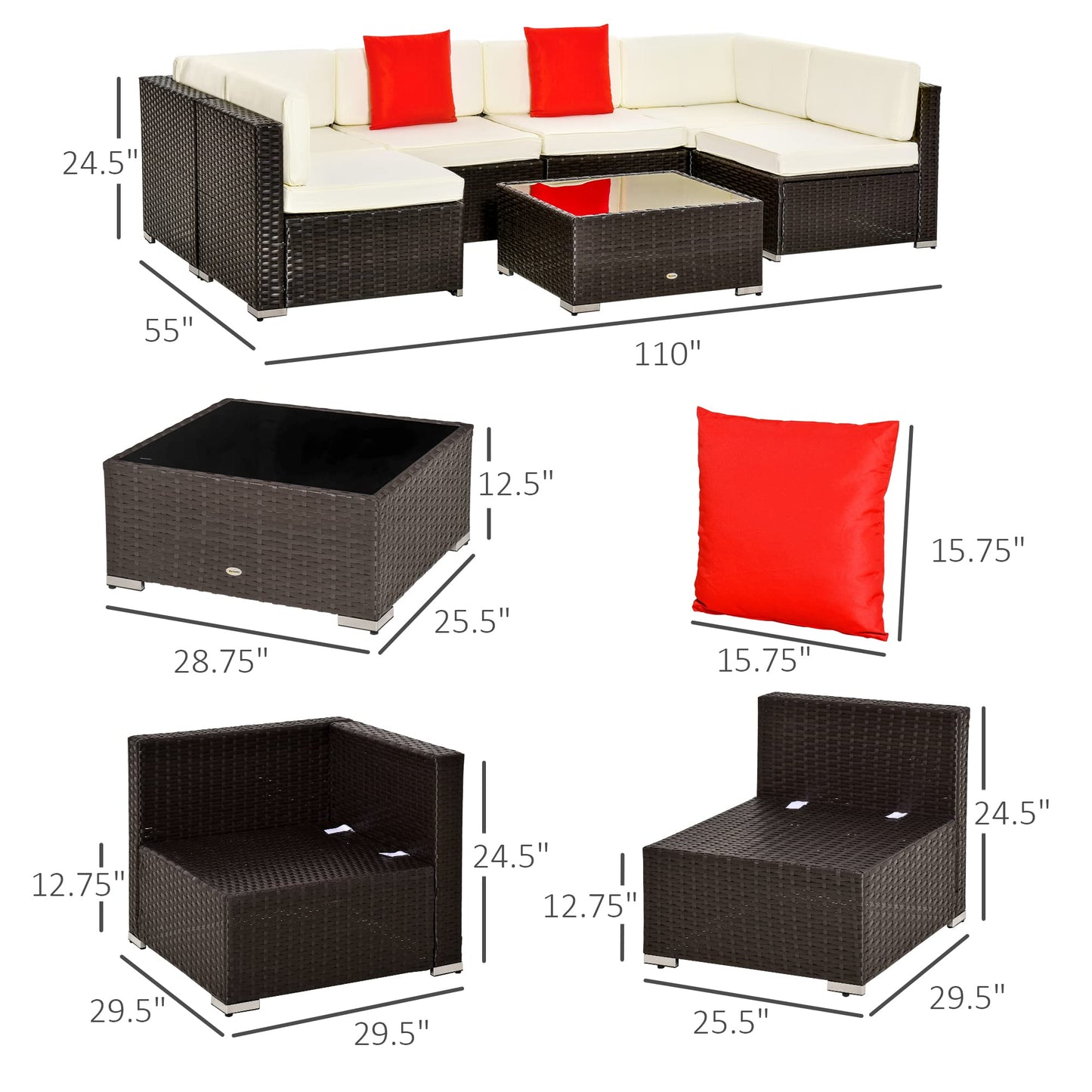 Outsunny 7 Piece Outdoor Patio Furniture Set, PE Rattan Wicker Sectional Sofa Set with Couch Cushions, Throw Pillows and Coffee Table, Orange, White