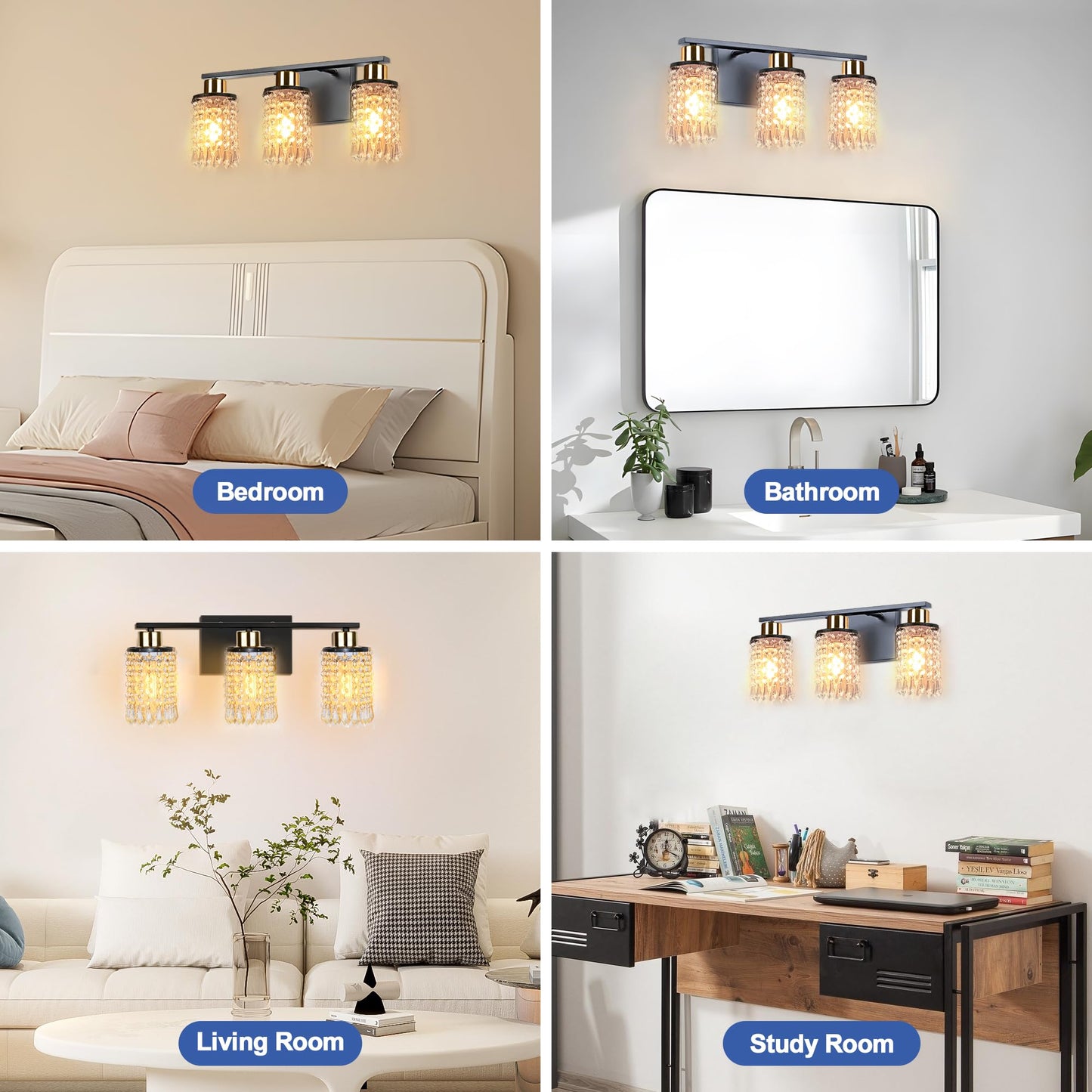 NOVELUX 3 Lights Bathroom Light Fixtures Over Mirror 2 Packs Modern Crystal Bathroom Vanity Lights Modern Matte Black K9 Crystal Vanity Light for Bathroom E26 Bathroom Lights Above Mirror